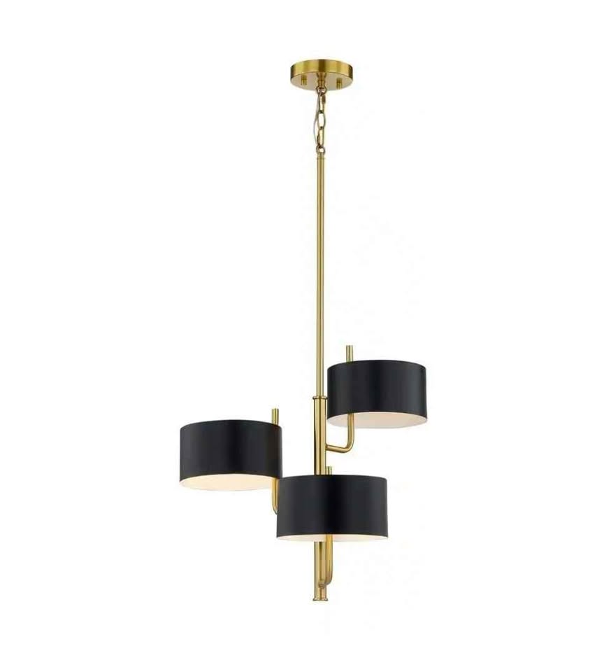 Trinity 21in. 3-Light 3 Shade Aged Brass Finish Chandelier with Matte Black out and White inside Metal Shade