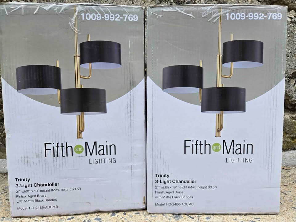 Trinity 21in. 3-Light 3 Shade Aged Brass Finish Chandelier with Matte Black out and White inside Metal Shade