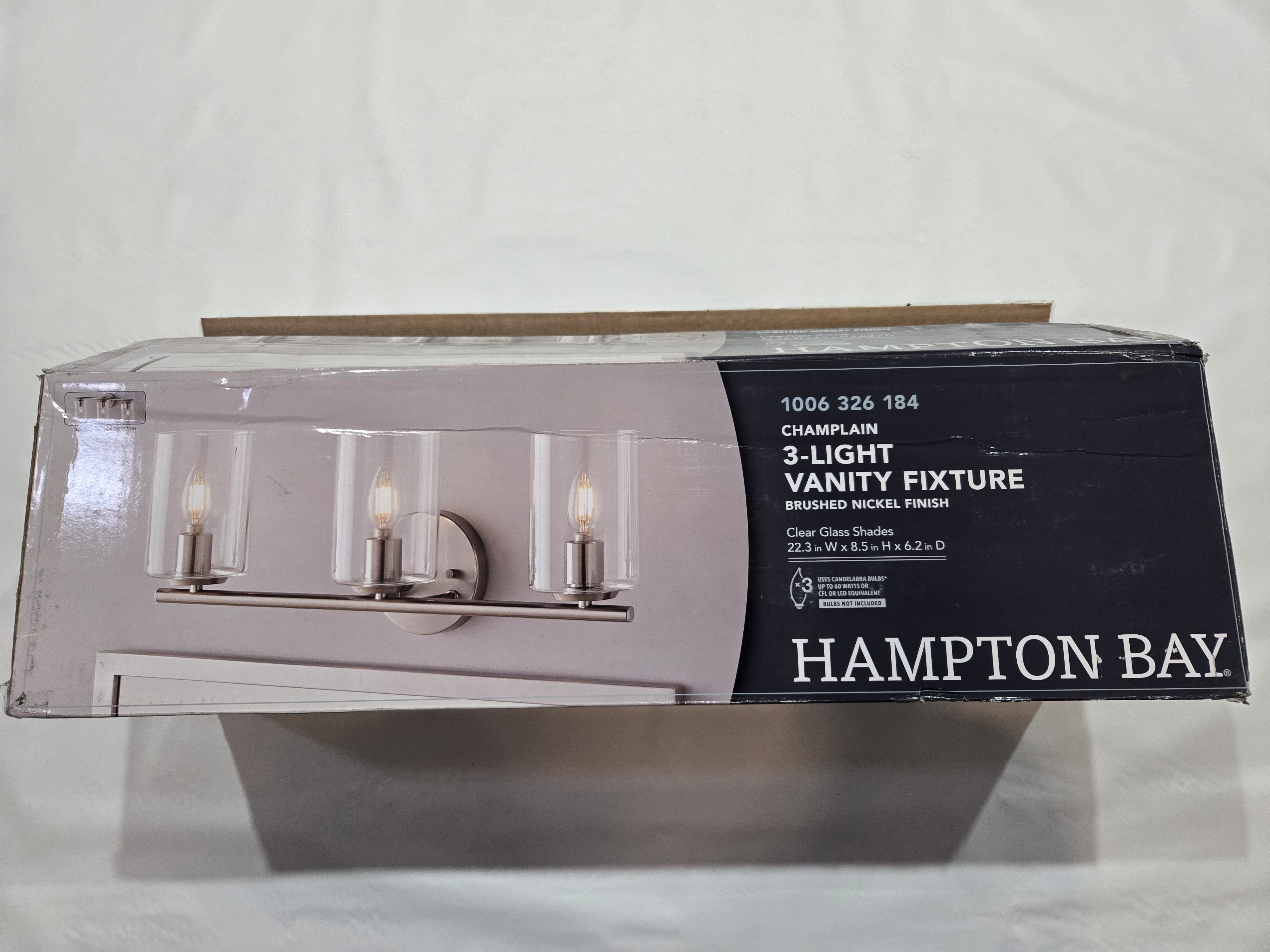 Hampton Bay Champlain 22.375 in. 3-Light Brushed Nickel Modern Bathroom Vanity Light with Clear Glass Shades