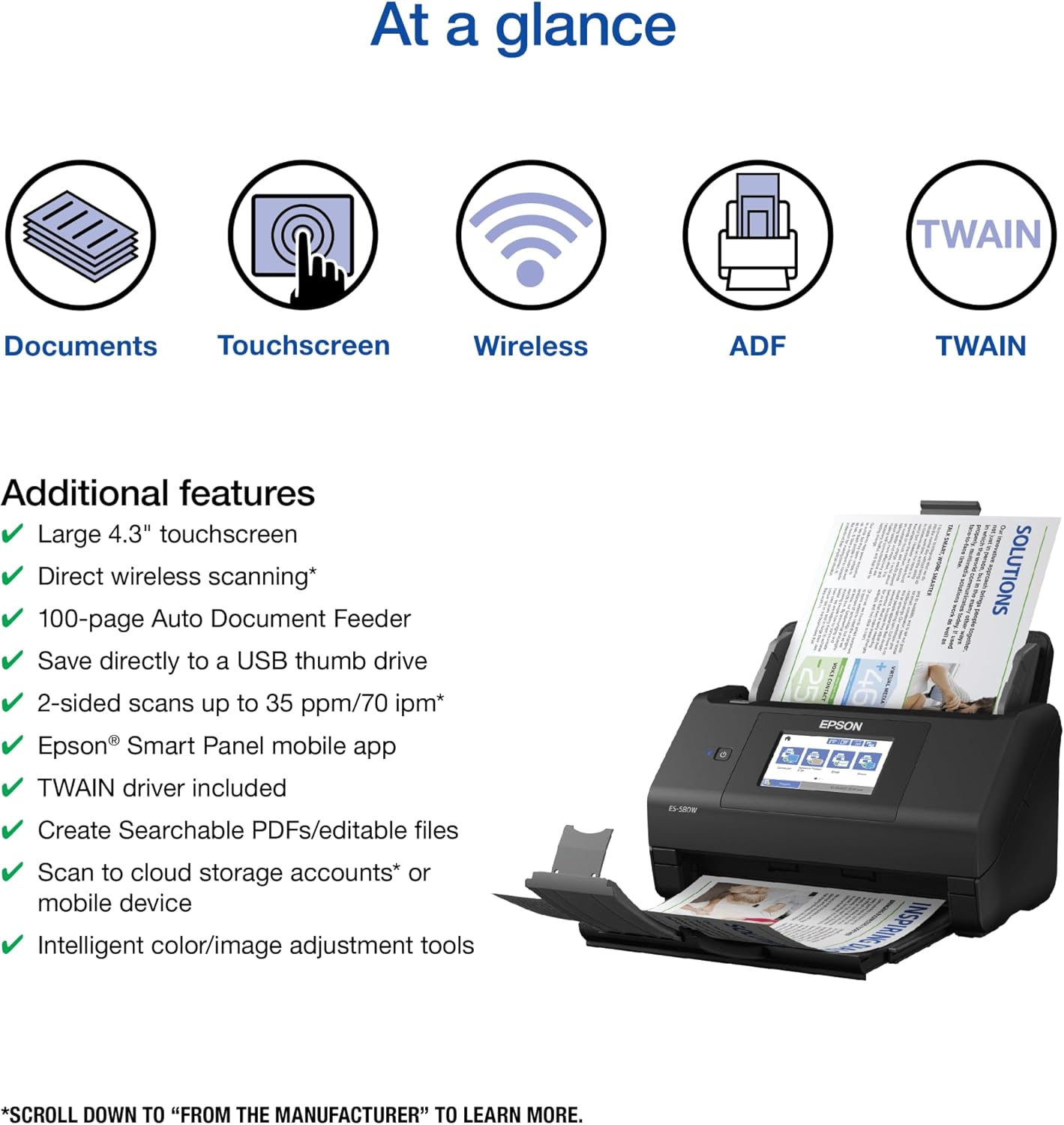 Epson Workforce ES-580W Wireless Color Duplex Desktop Document Scanner