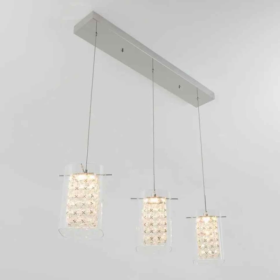 Artika Crystal Cube 13-Watt 3 Light Chrome Modern Integrated LED Pendant Light Fixture for Dining Room or Kitchen