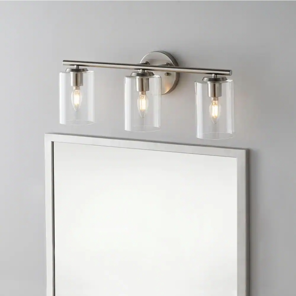 Hampton Bay Champlain 22.375 in. 3-Light Brushed Nickel Modern Bathroom Vanity Light with Clear Glass Shades