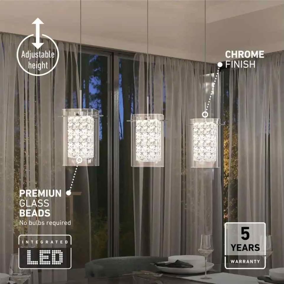 Artika Crystal Cube 13-Watt 3 Light Chrome Modern Integrated LED Pendant Light Fixture for Dining Room or Kitchen