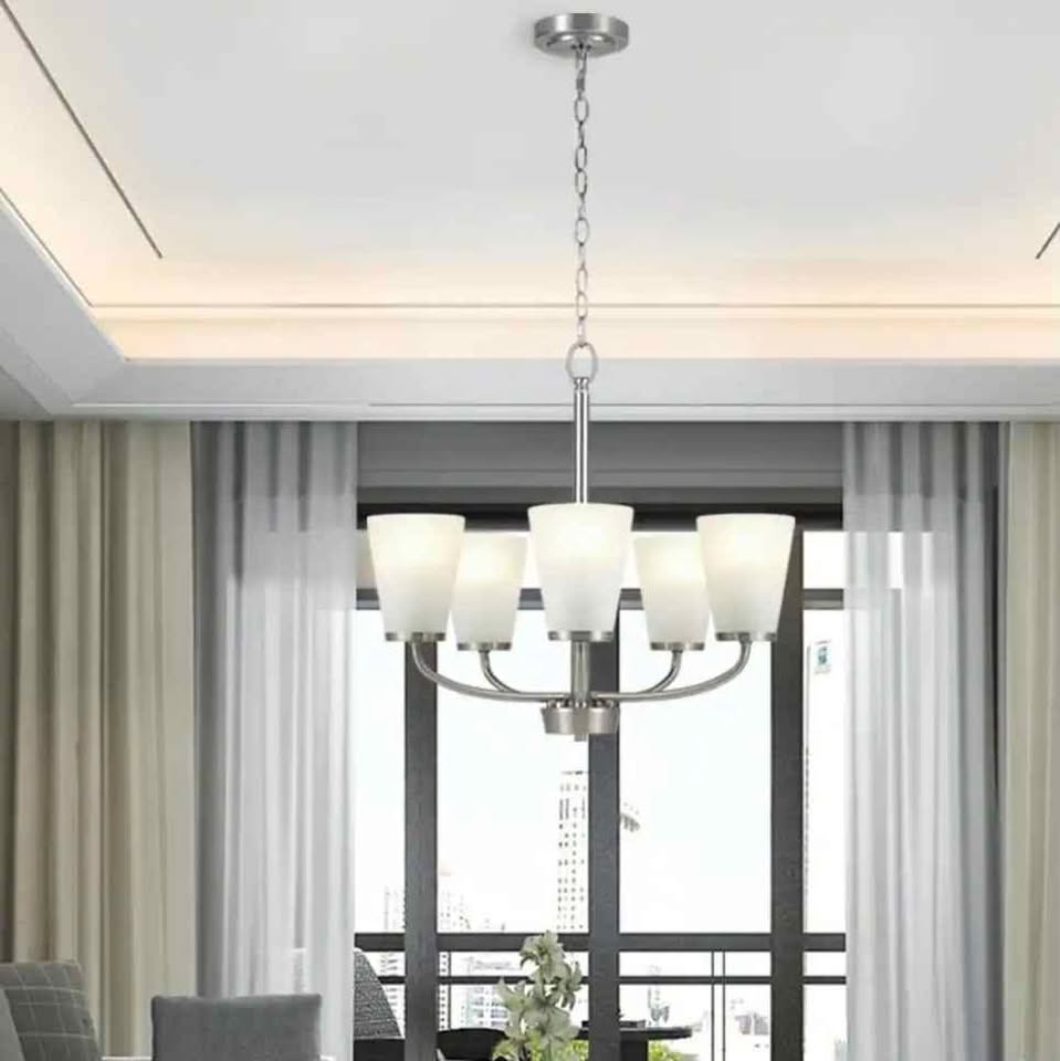 Hampton Bay Helena 21 in 5-Light Brushed Nickel Hanging Chandelier with Frosted Glass Shades for Dining Room