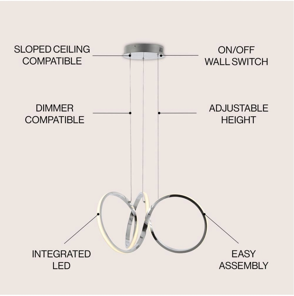 JONATHAN Y Helix 24 in. 30-Watt 1-Light Chrome Contemporary Minimalist Aluminum Ribbon Integrated LED Pendant Light, Chrome/Silver