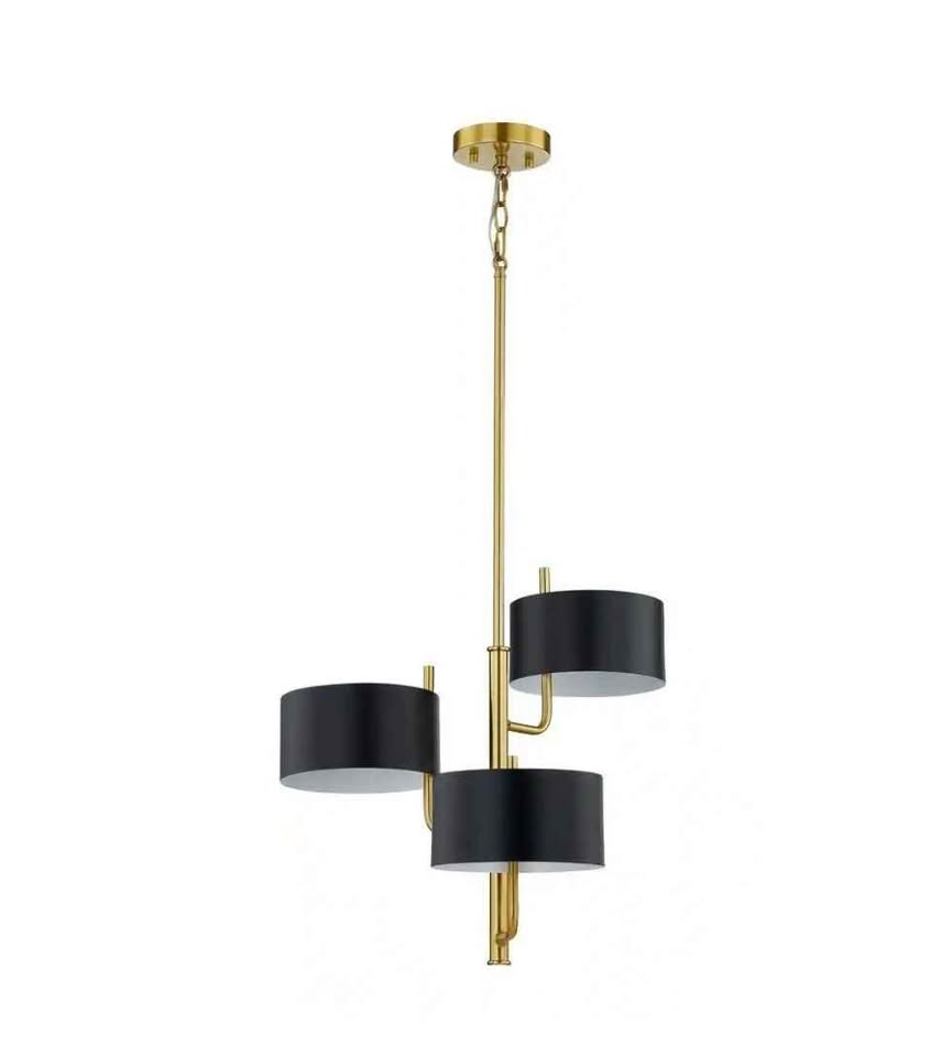 Trinity 21in. 3-Light 3 Shade Aged Brass Finish Chandelier with Matte Black out and White inside Metal Shade