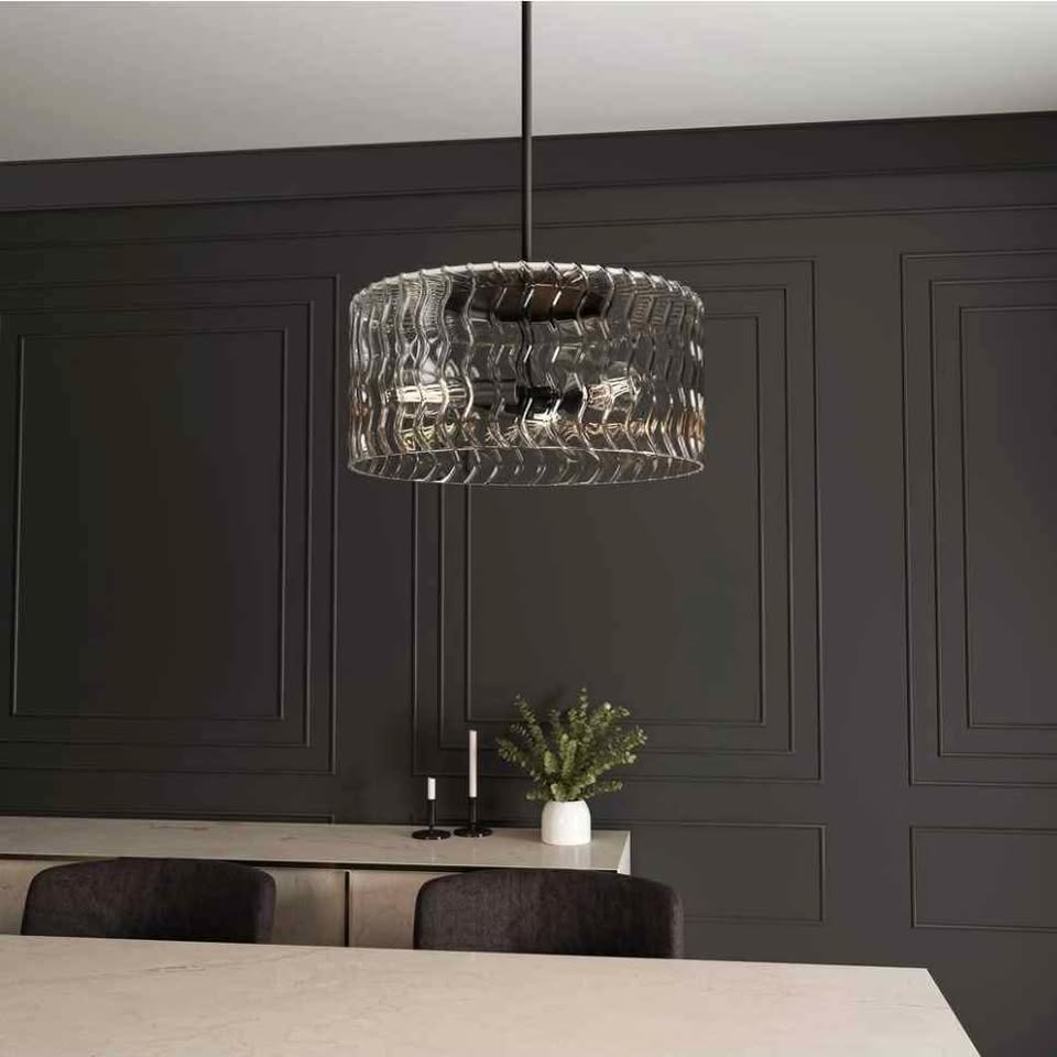 DSI LIGHTING Elara 3-Light Matte Black and Brushed Nickel Pendant Light with Clear Textured Glass Shade
