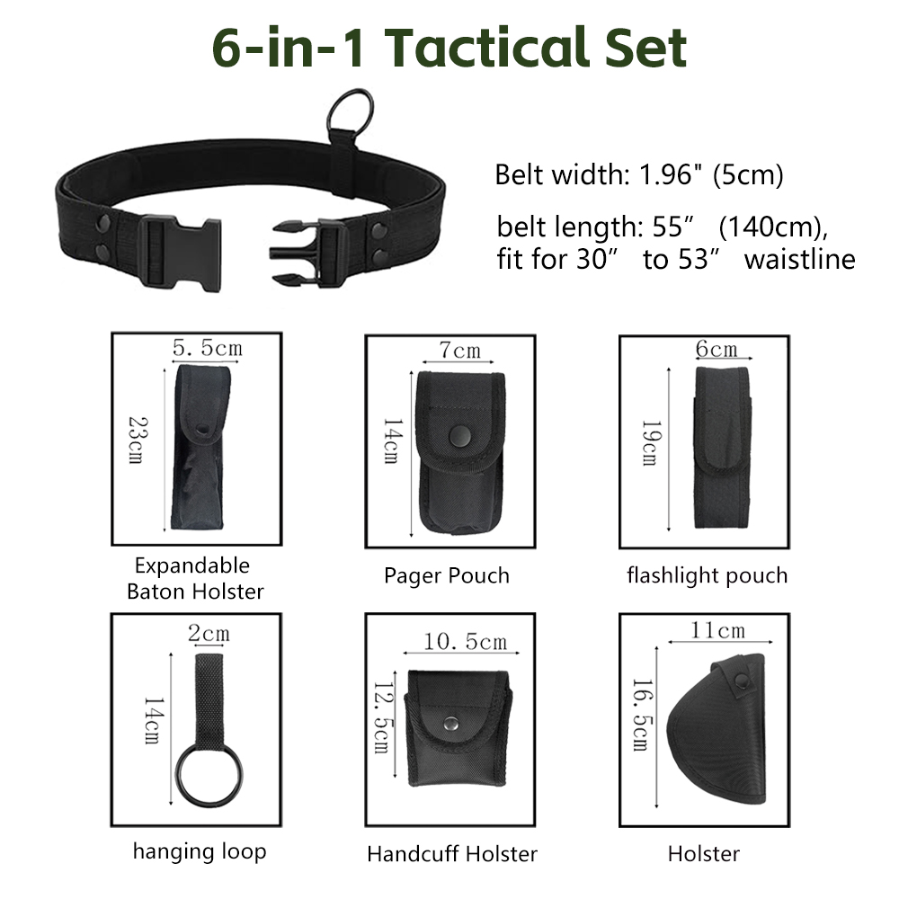 7 in 1 Black Tactical Duty Belt Utility with Accessory Pouches Bag Accessories Holsters for Security Guard Protection Outdoor