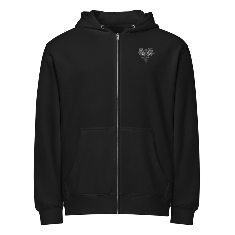 Black Zip-Up Hoodie with Blessed Shadow Moth Logo
