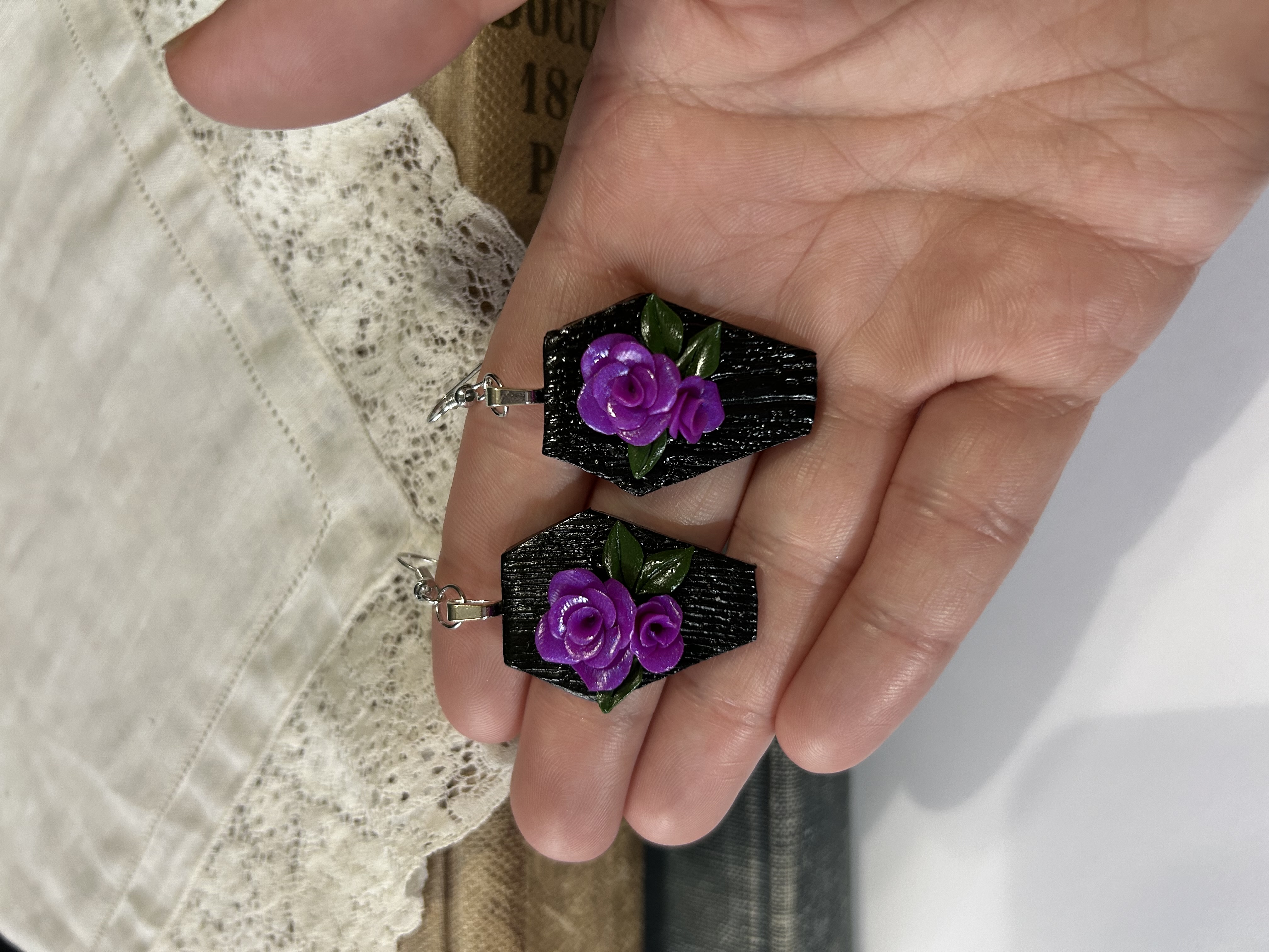 Black Coffin Earrings with Purple Roses