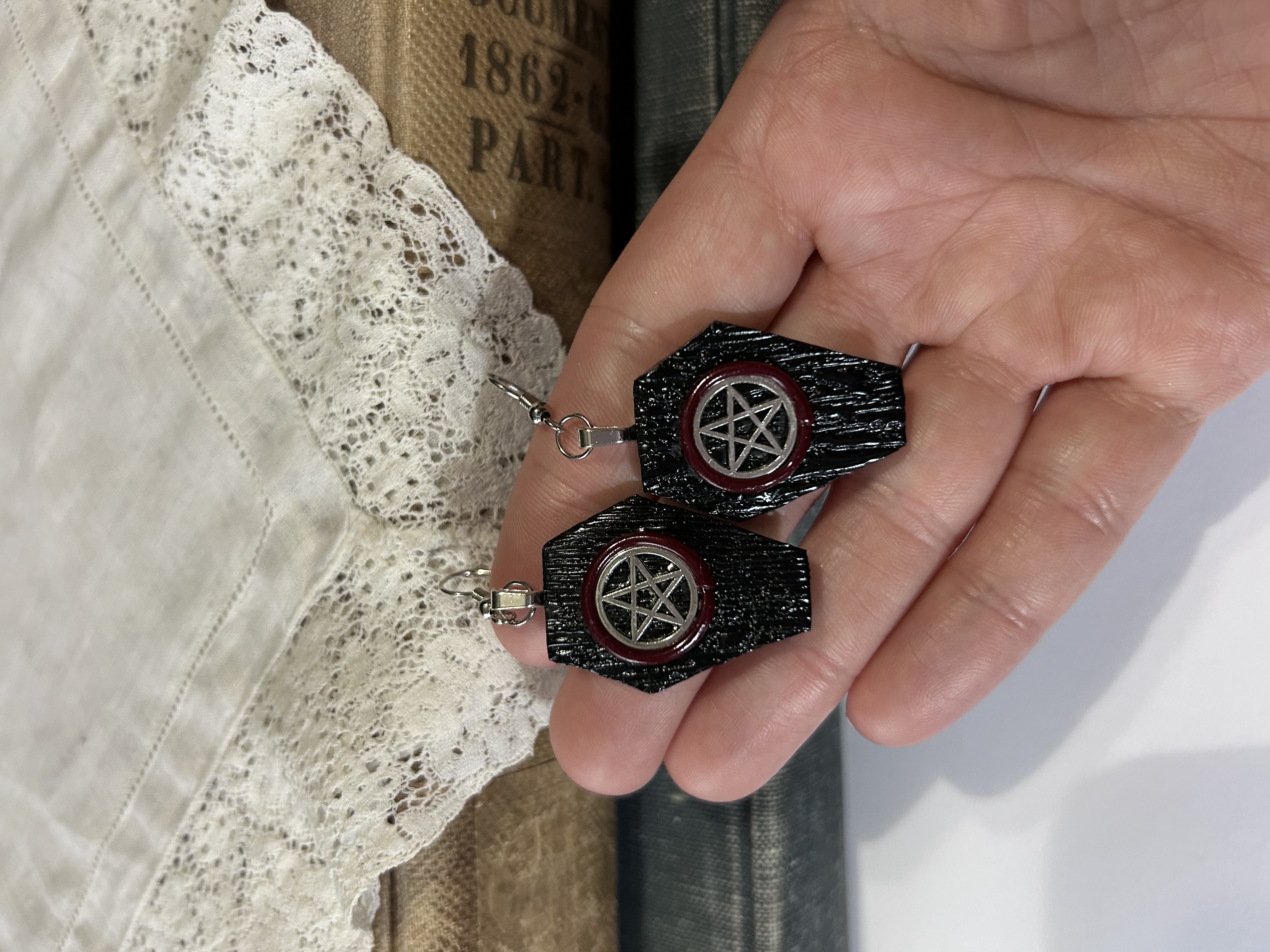 Black Coffin Pentacle Earrings- Crimson 