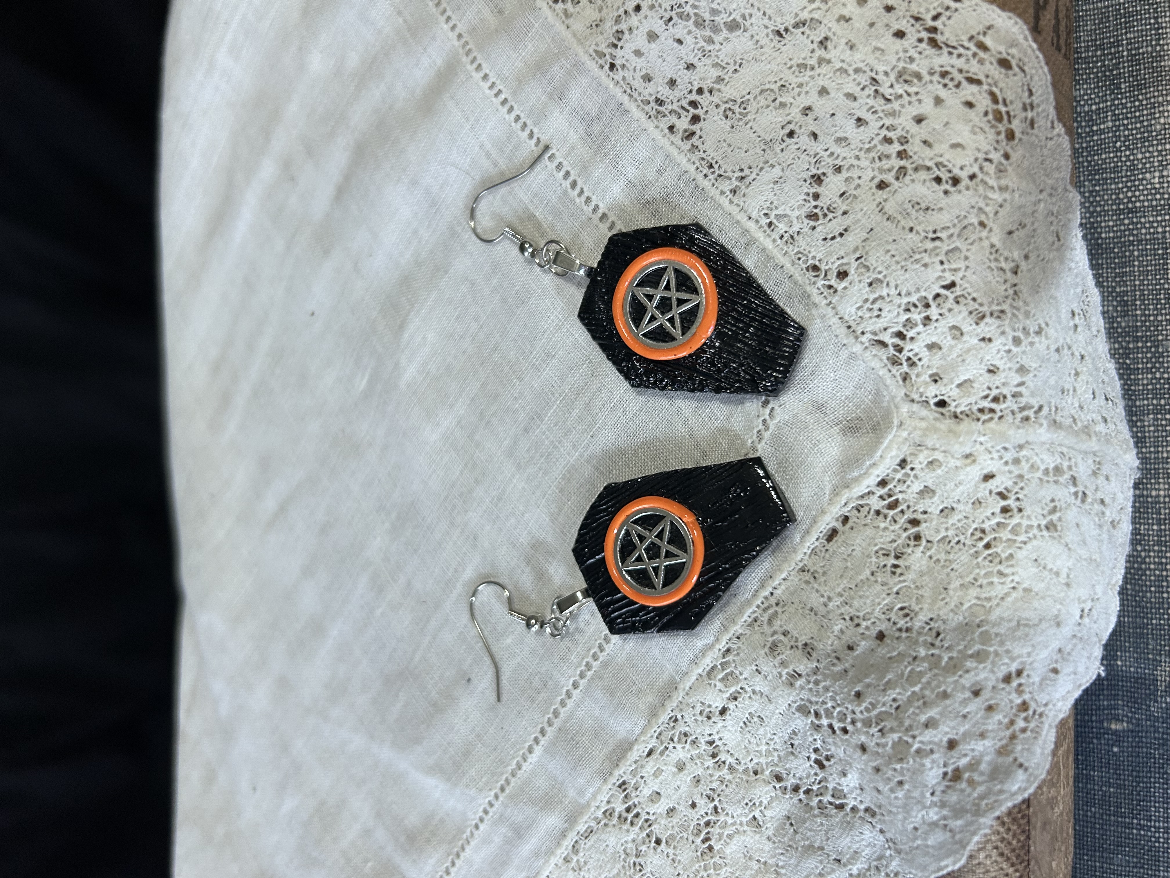 Black Coffin Pentacle Earrings- Orange
