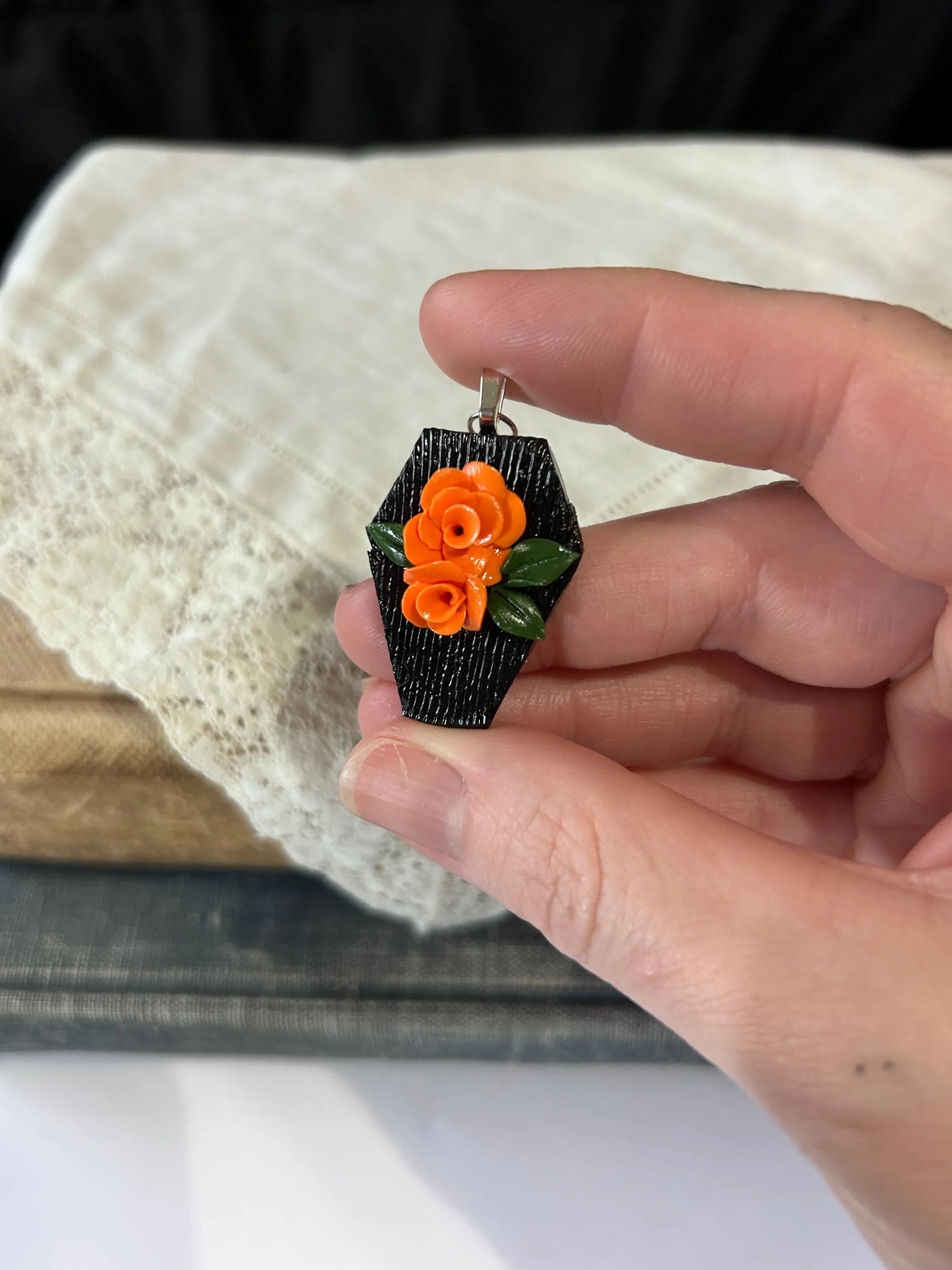 Black Coffin Earrings with Orange Roses