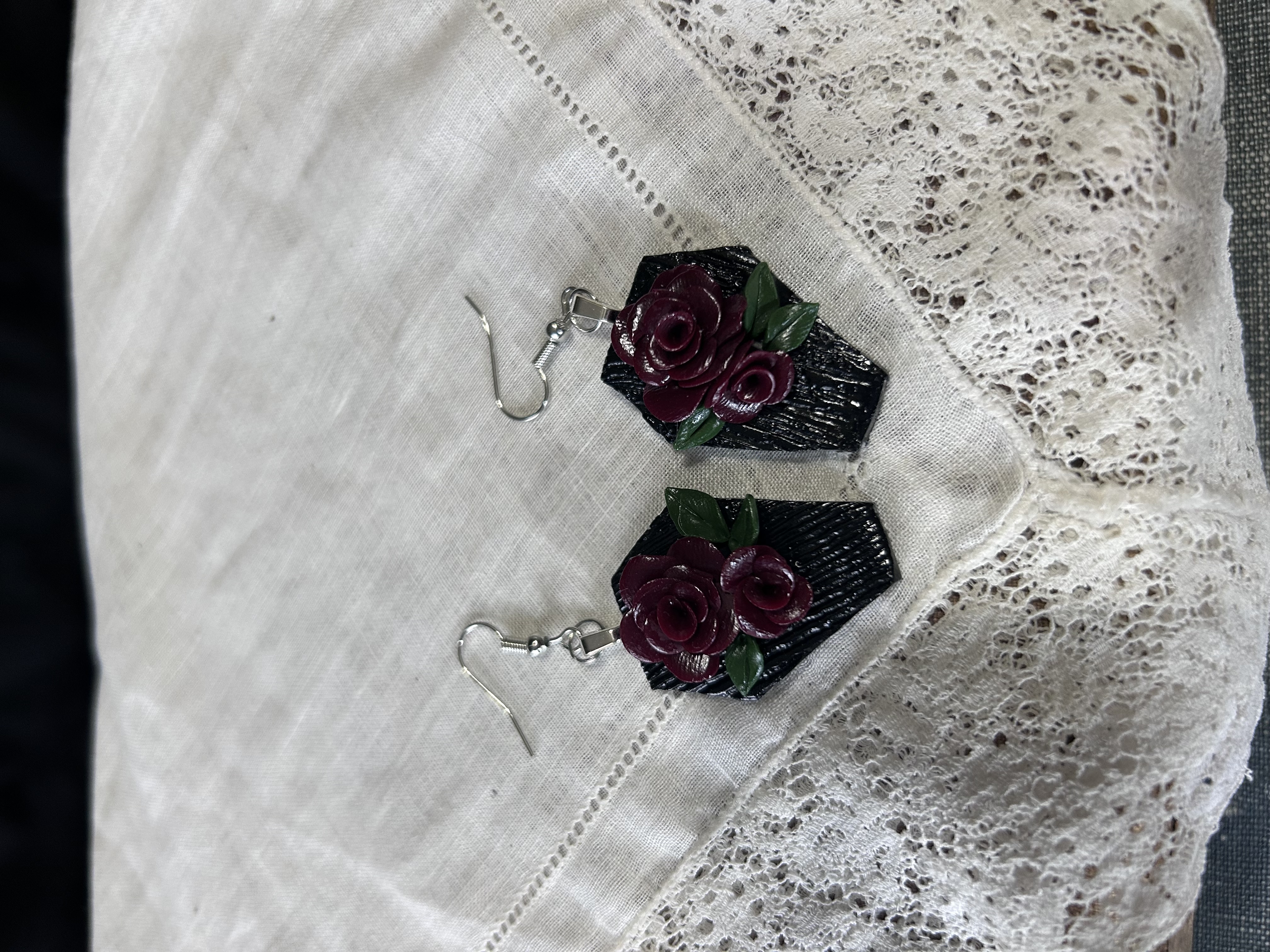 Black Coffin Earrings with Crimson Roses
