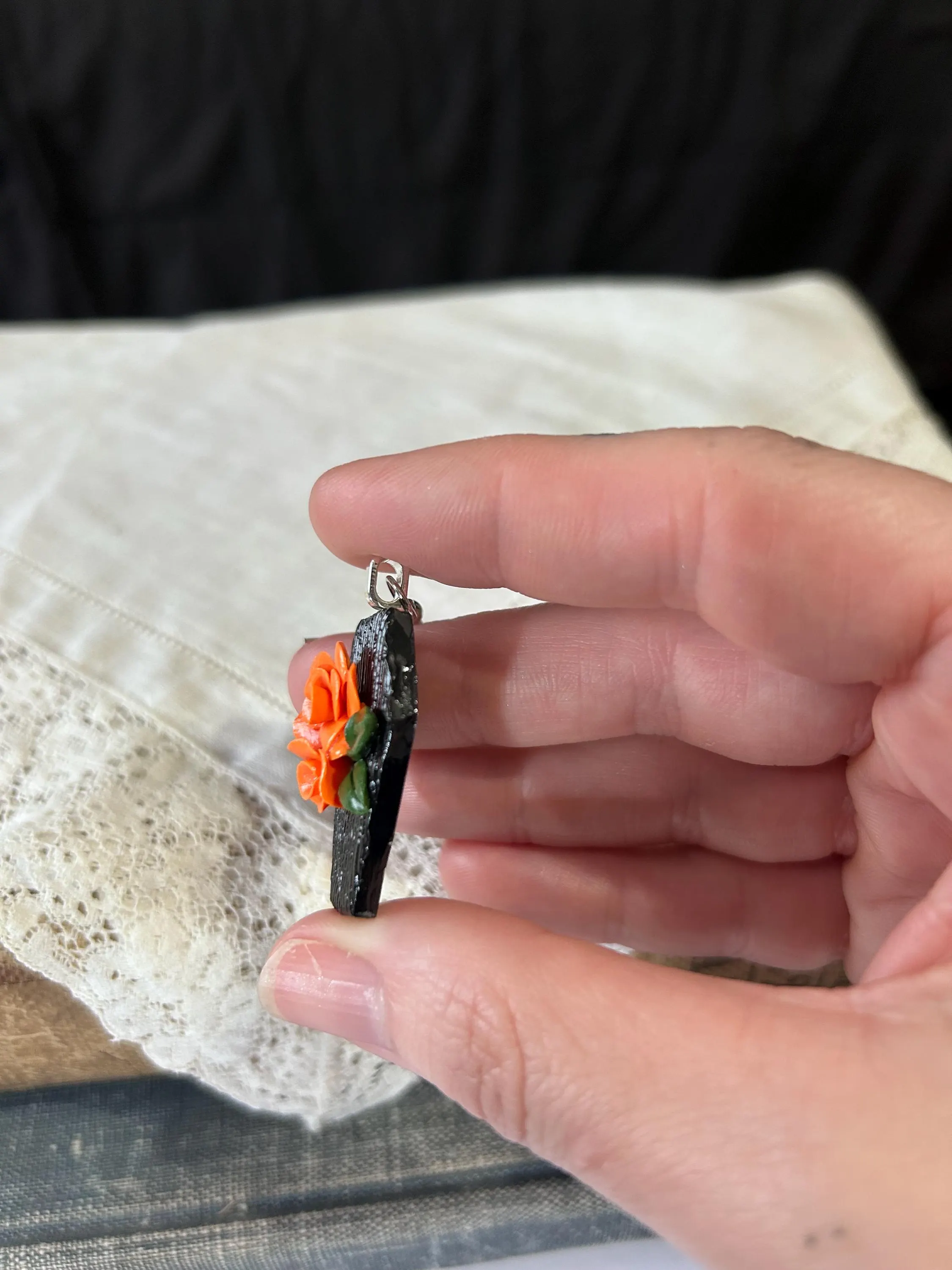 Black Coffin Earrings with Orange Roses