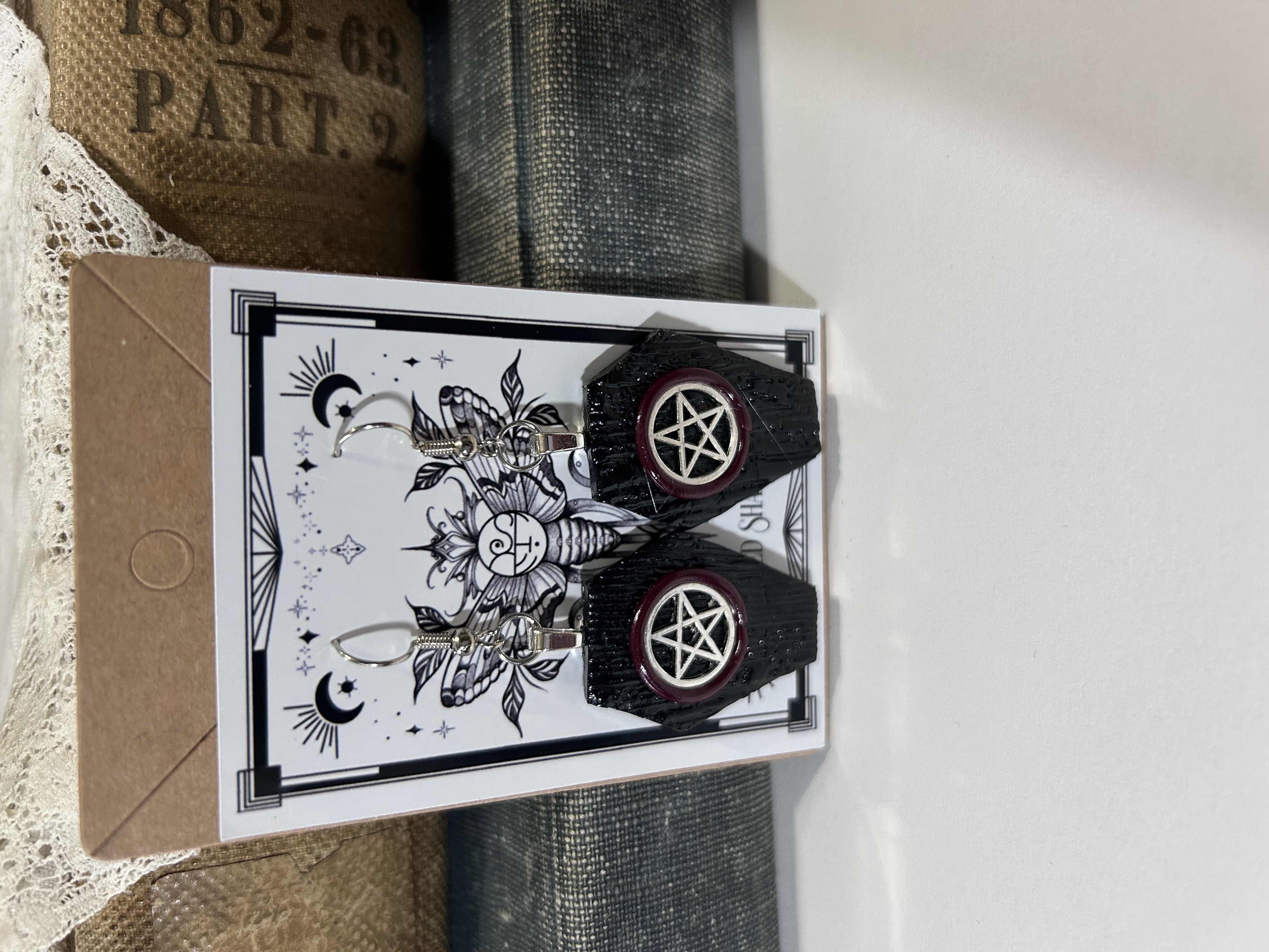 Black Coffin Pentacle Earrings- Crimson