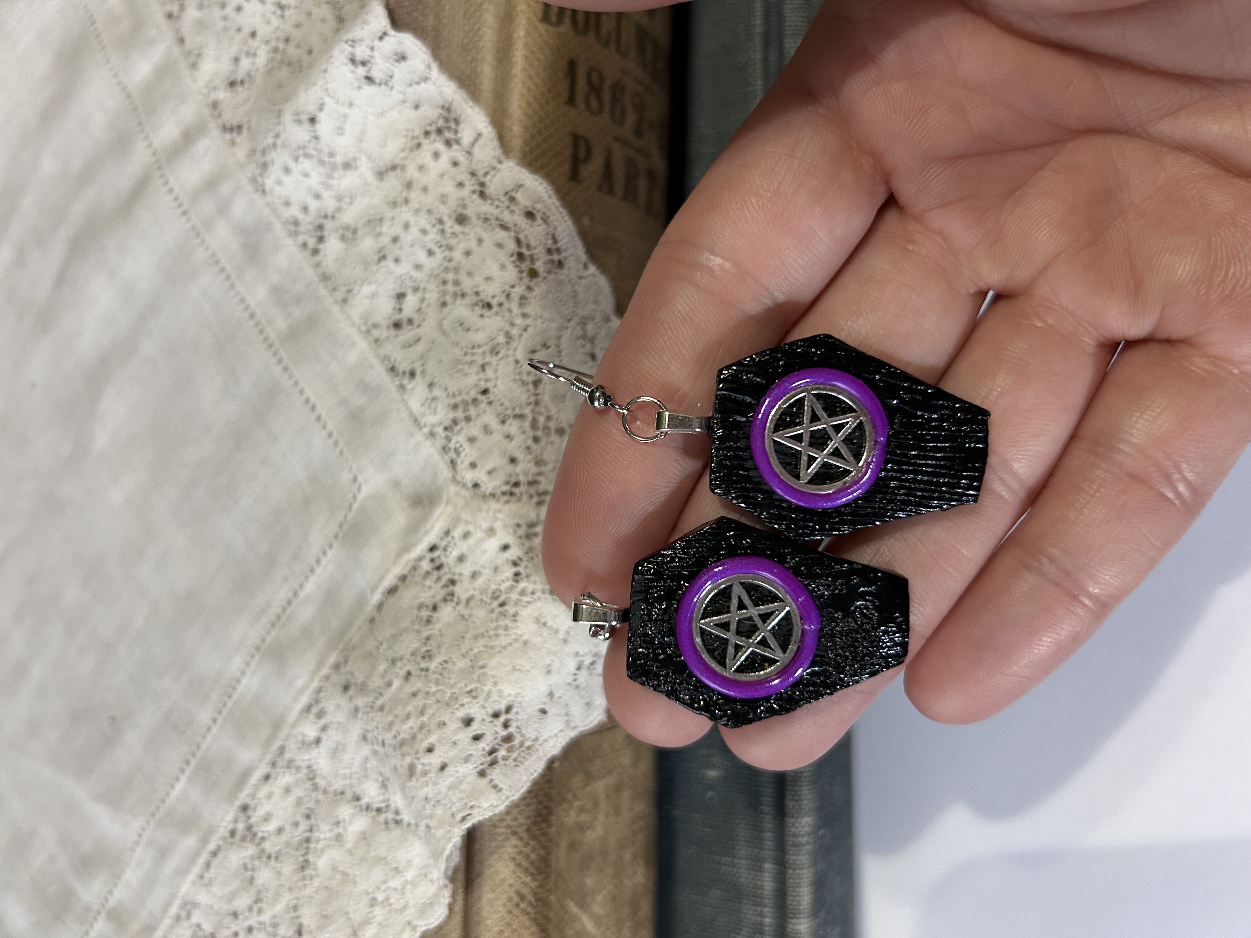 Black Coffin Pentacle Earrings- Purple 