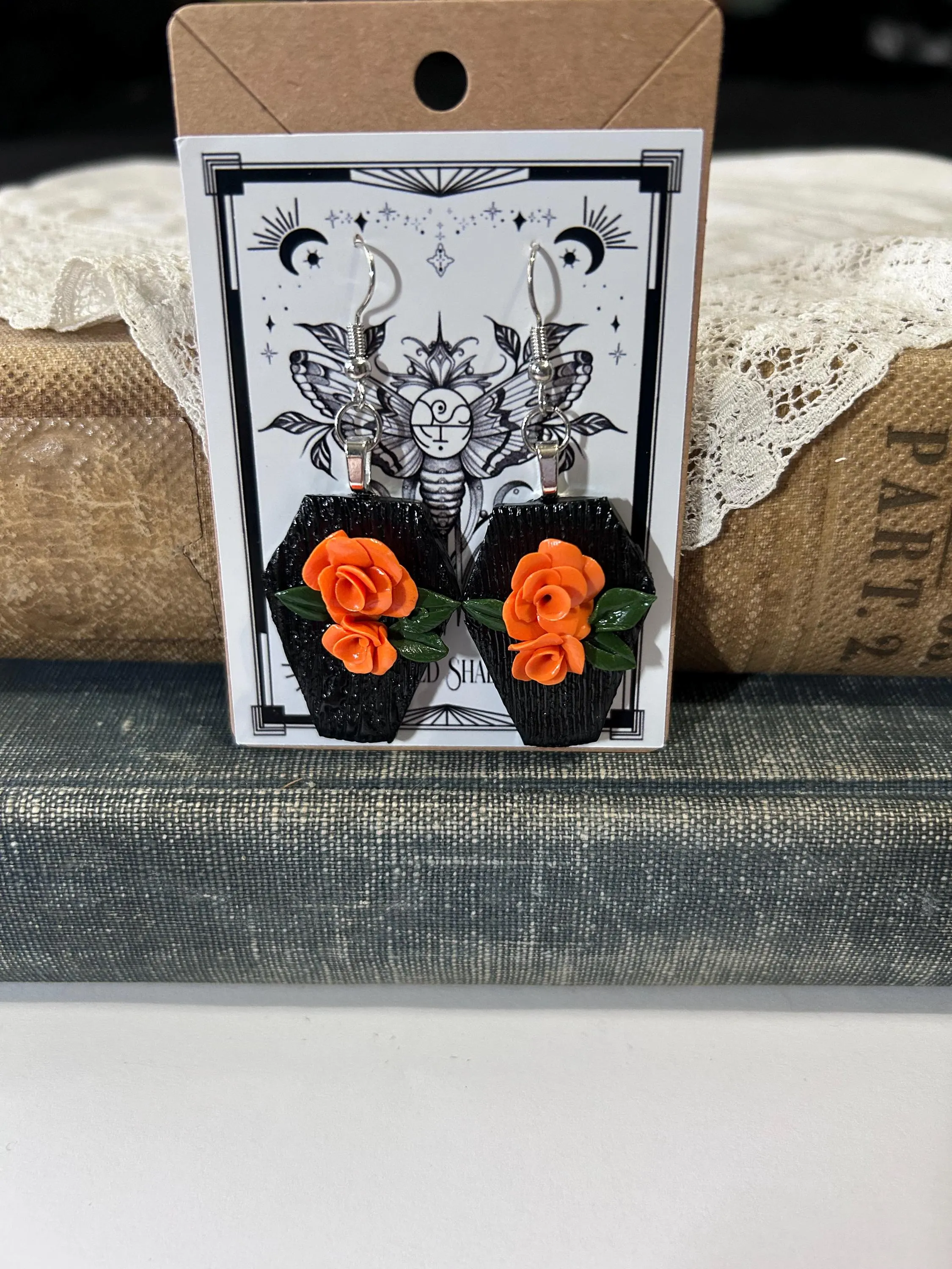 Black Coffin Earrings with Orange Roses