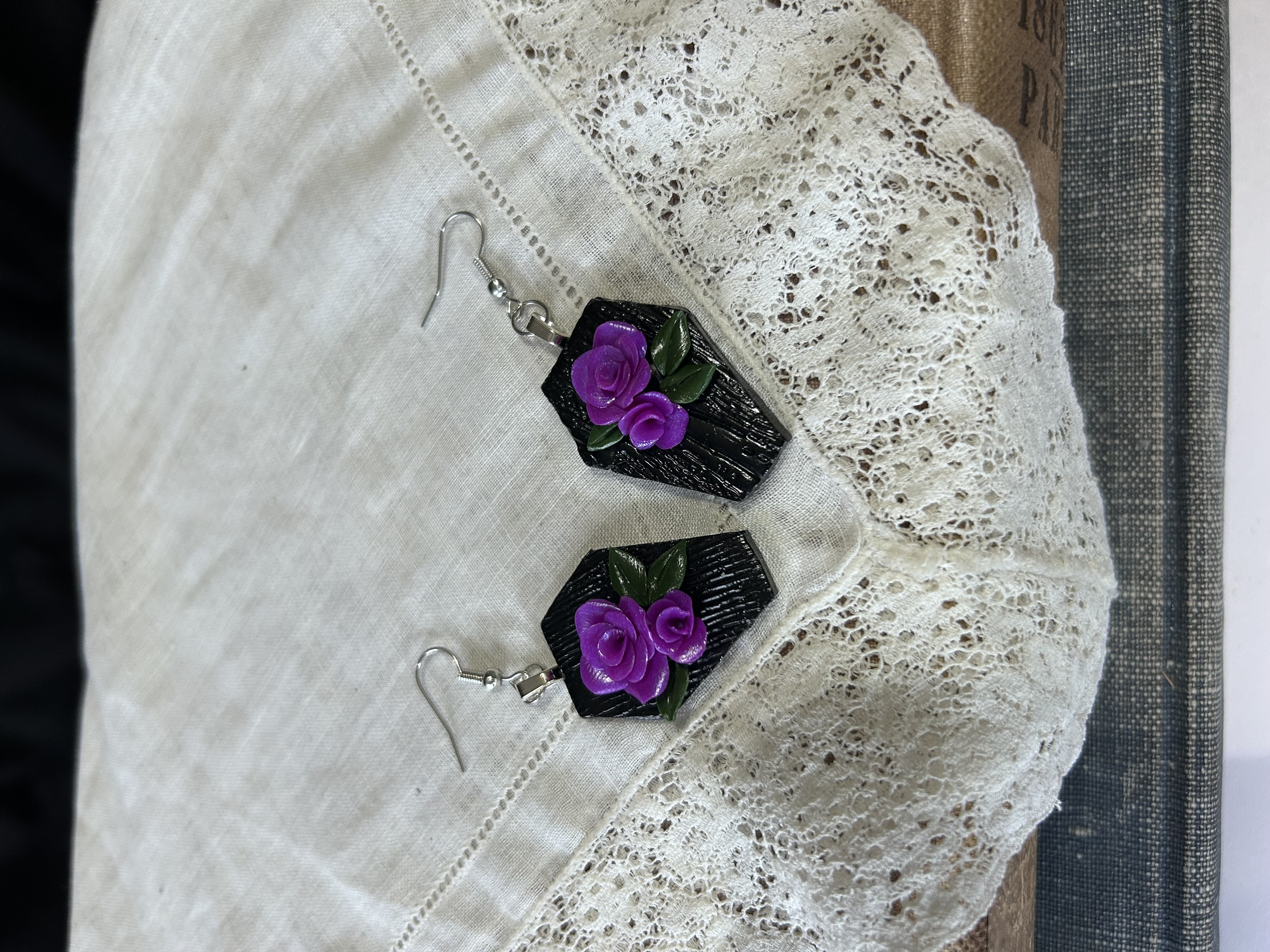 Black Coffin Earrings with Purple Roses