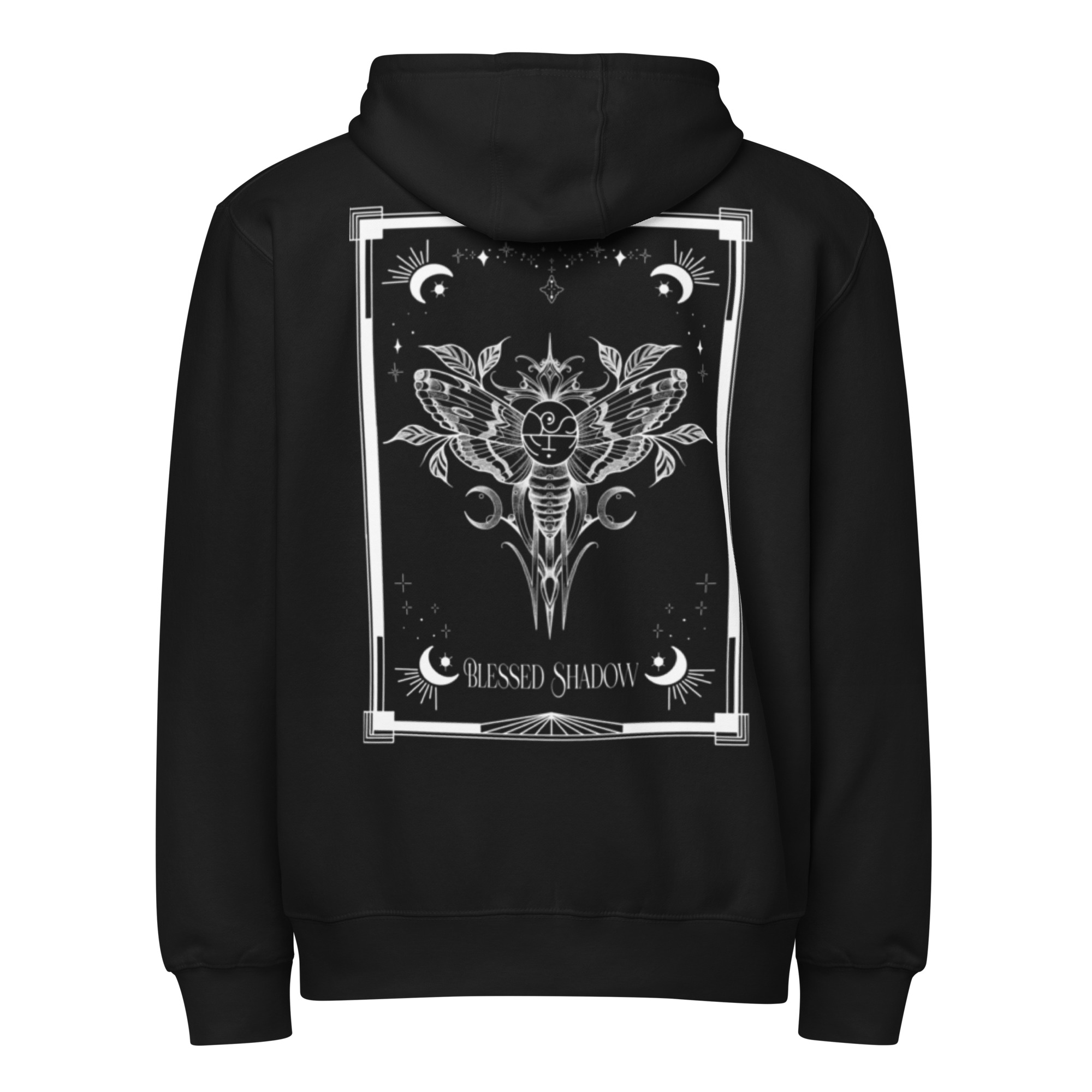 Black Zip-Up Hoodie with Blessed Shadow Moth Logo
