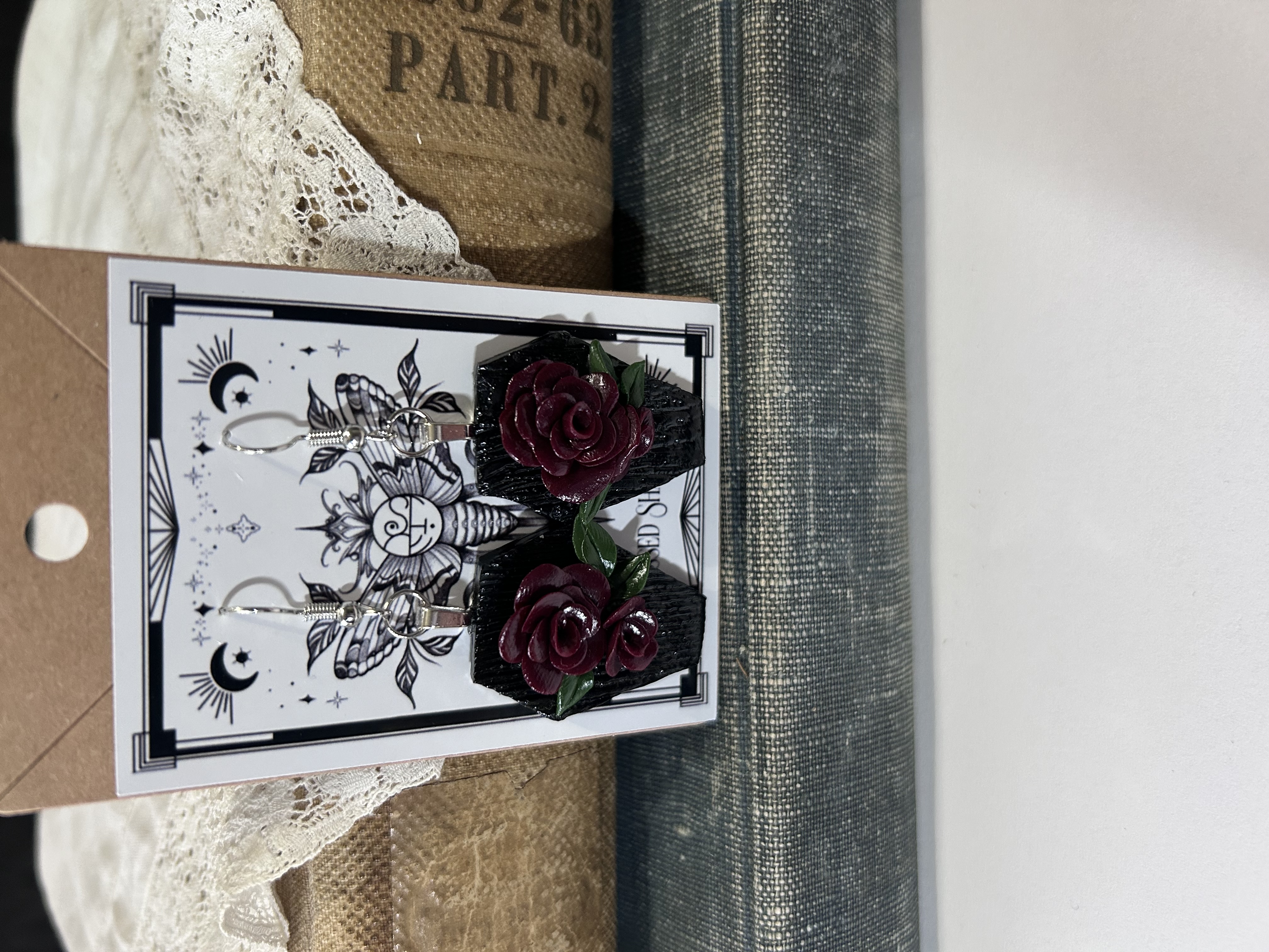 Black Coffin Earrings with Crimson Roses
