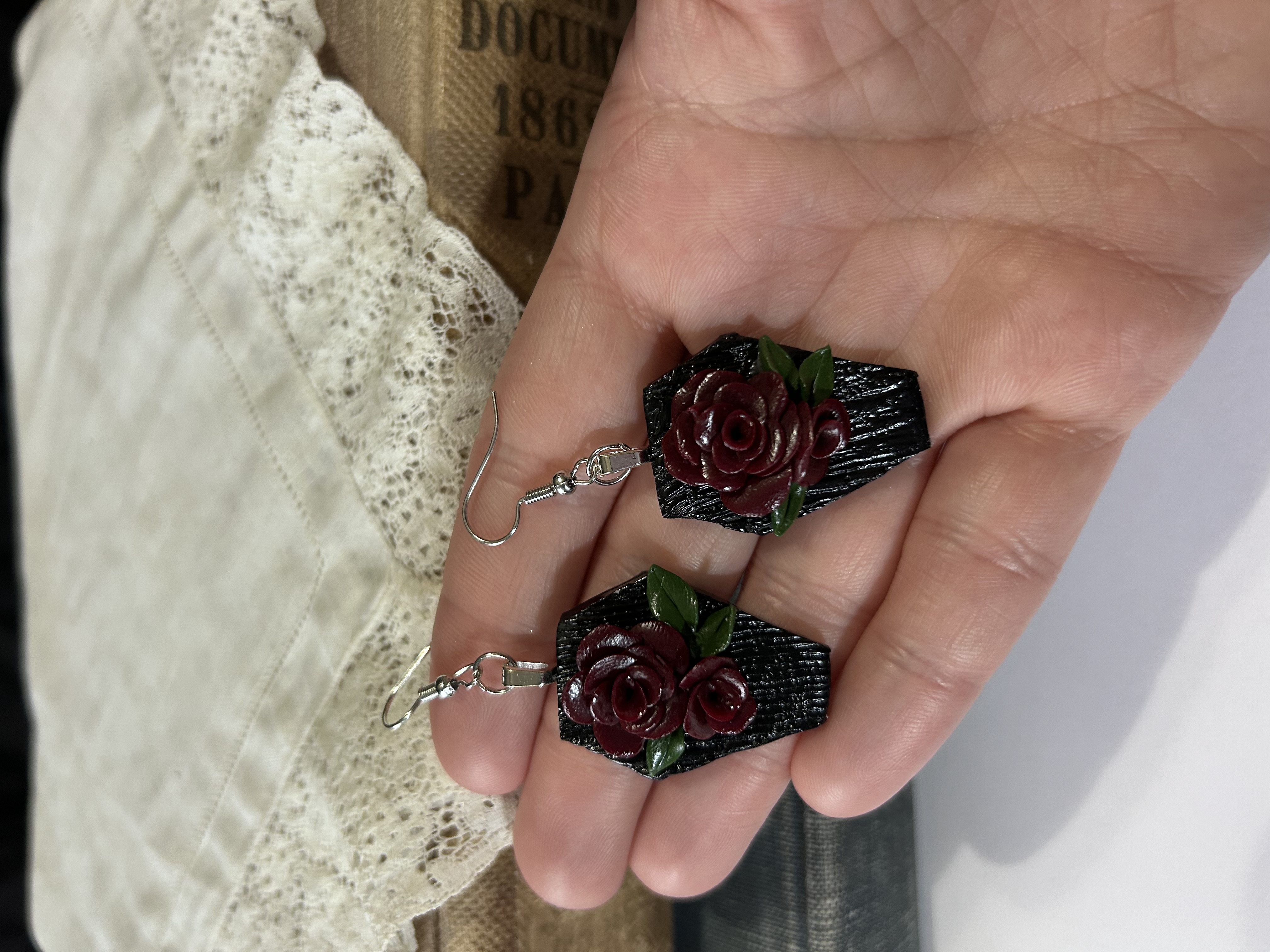 Black Coffin Earrings with Crimson Roses