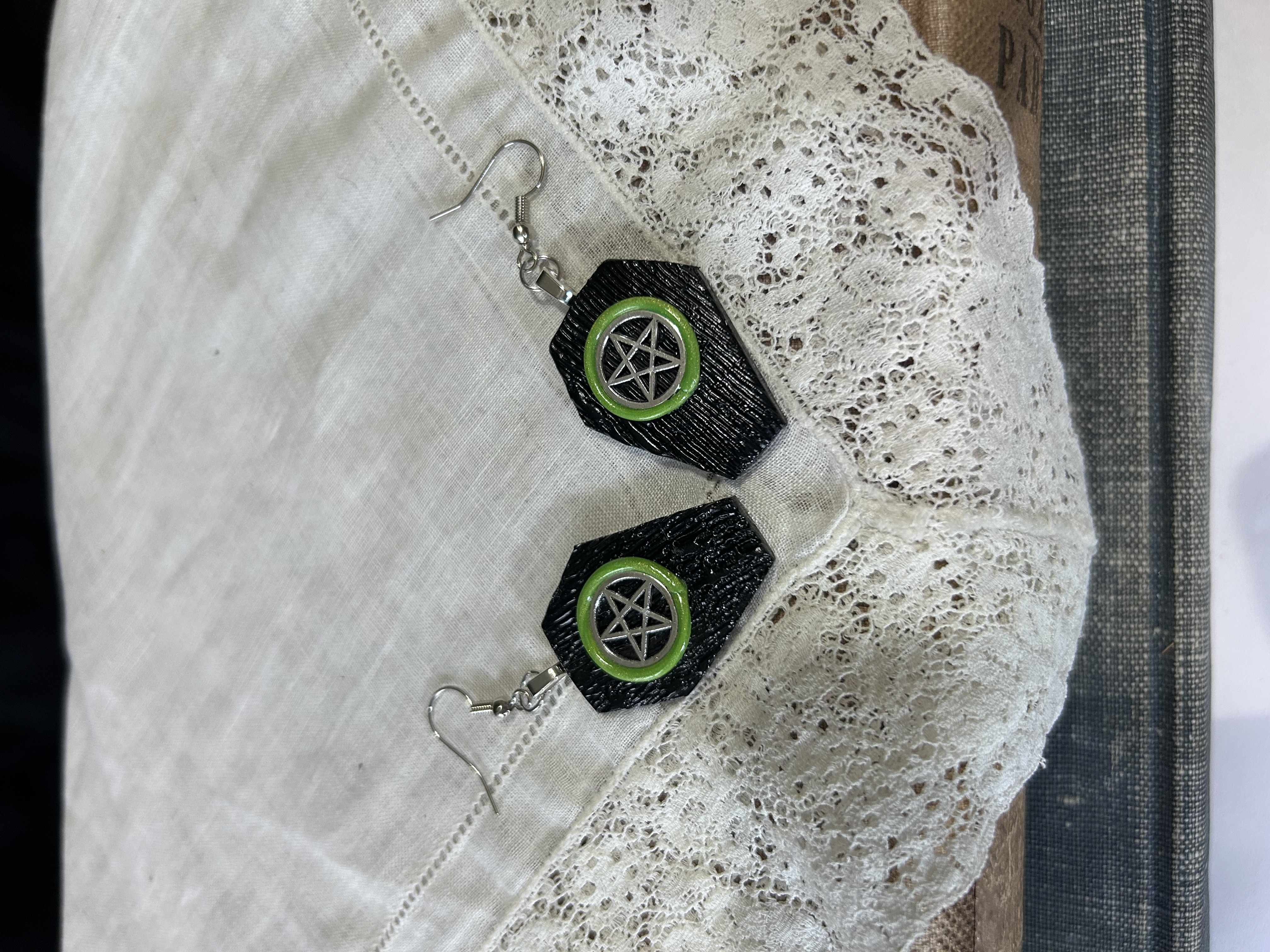 Black Coffin Pentacle Earrings- Green
