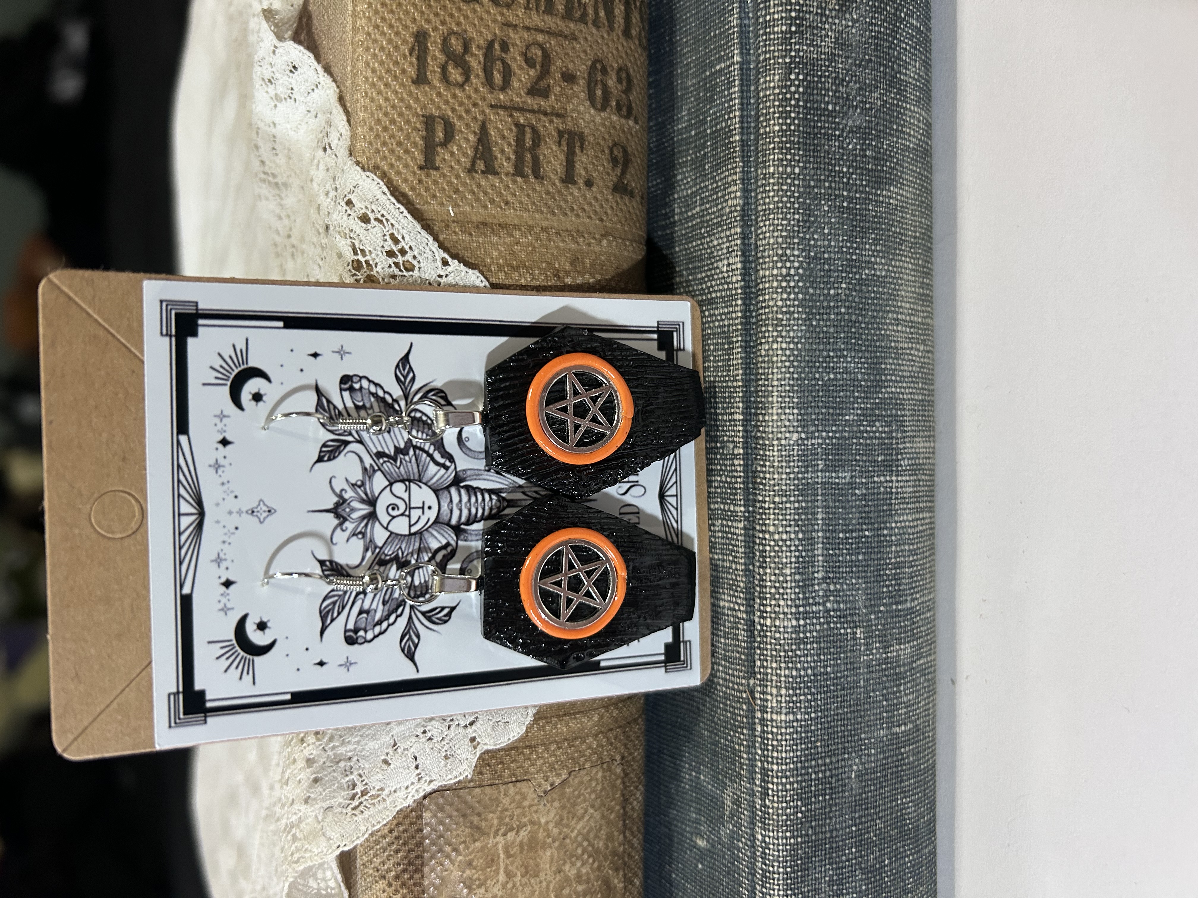 Black Coffin Pentacle Earrings- Orange