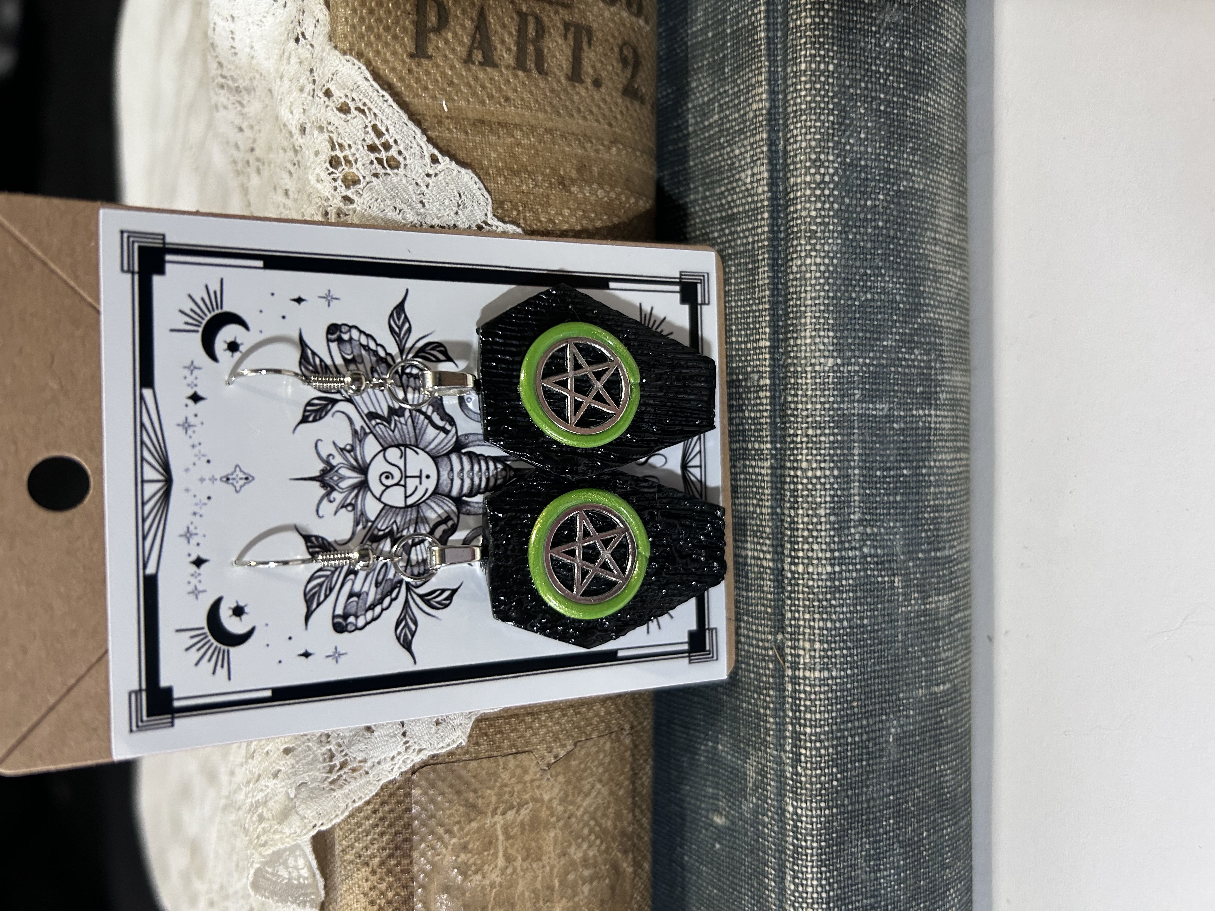 Black Coffin Pentacle Earrings- Green