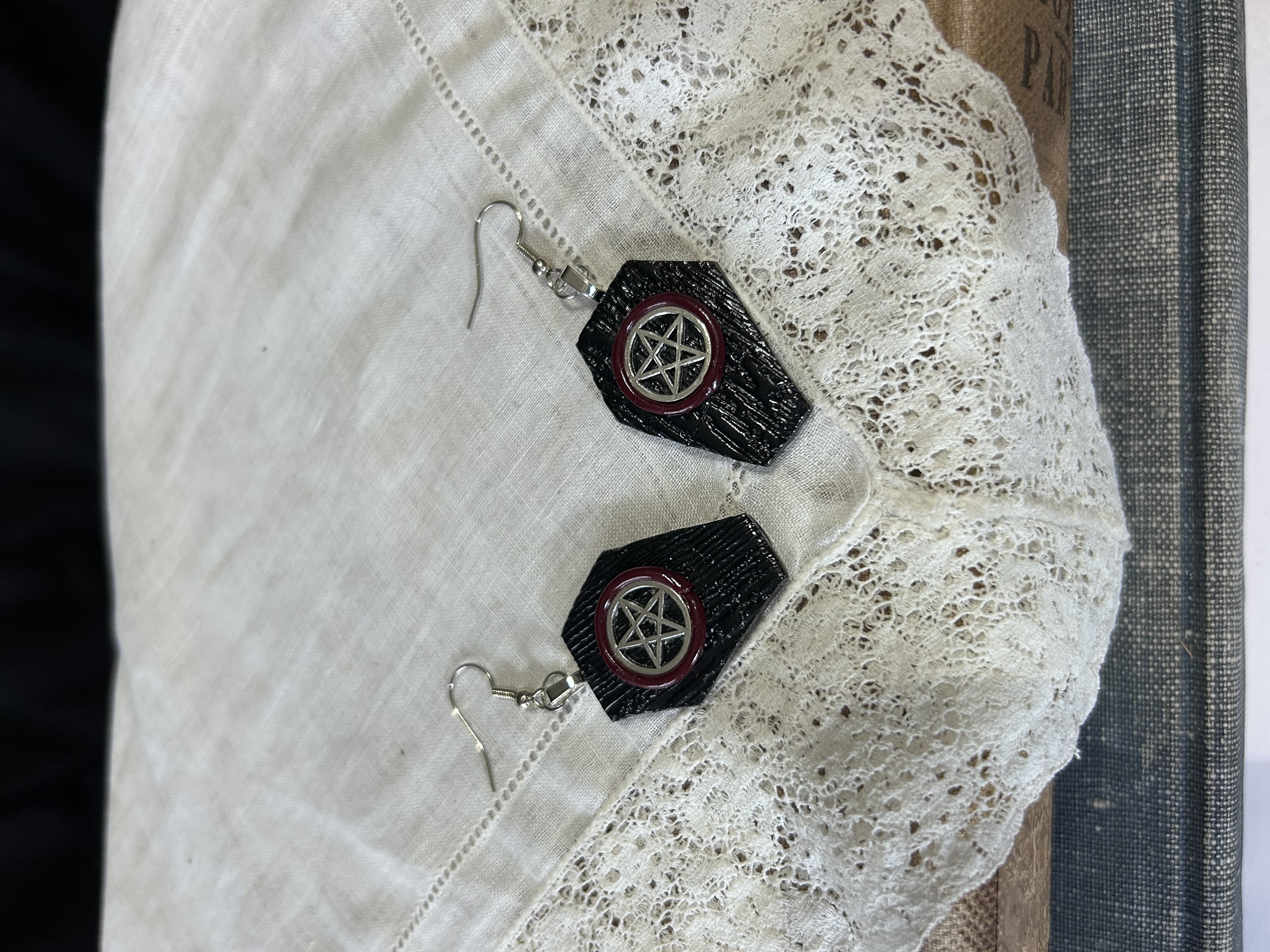Black Coffin Pentacle Earrings- Crimson 
