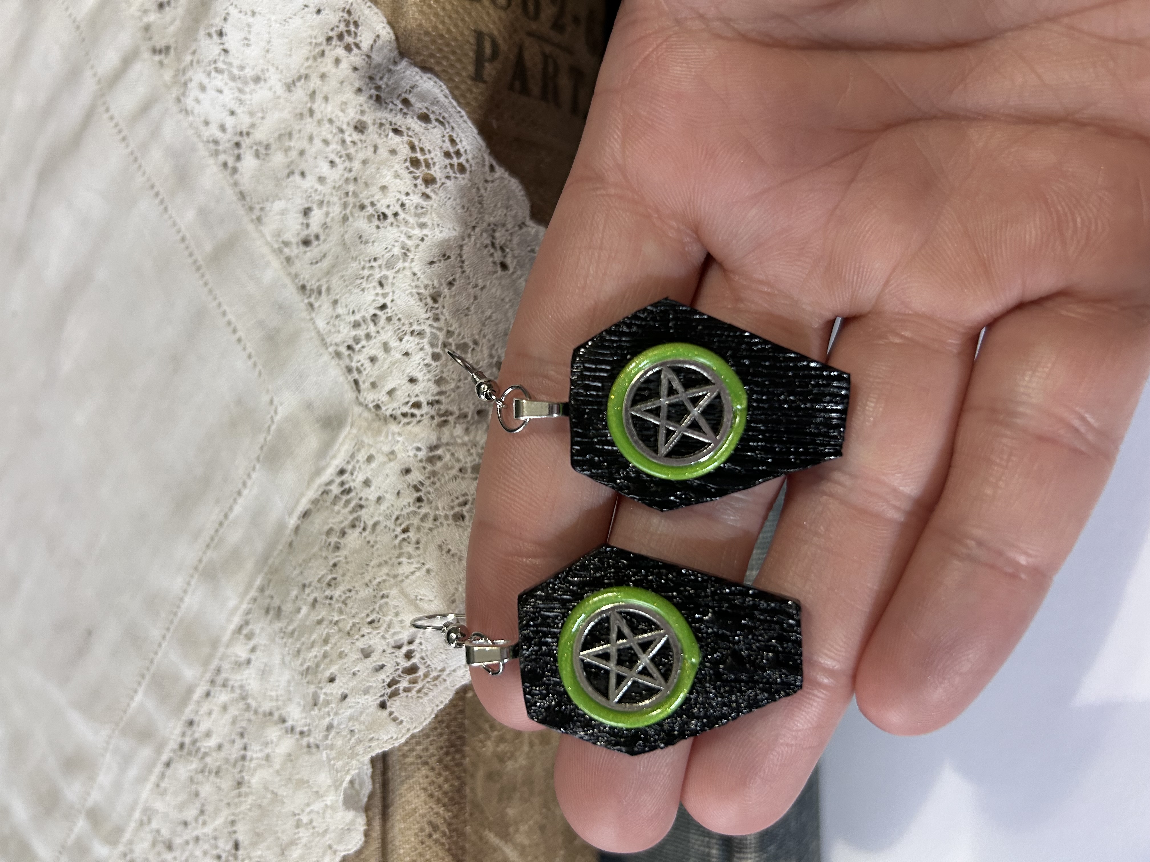 Black Coffin Pentacle Earrings- Green