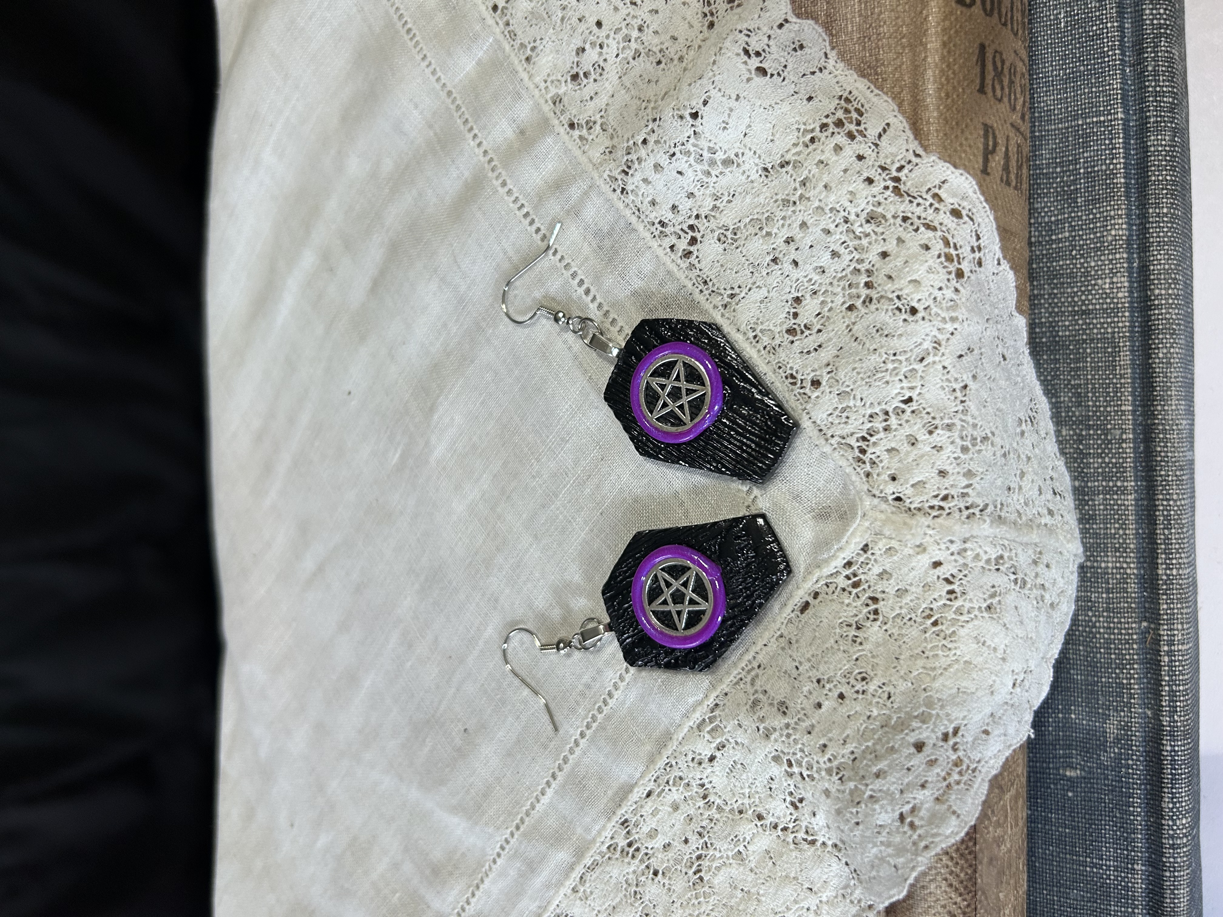 Black Coffin Pentacle Earrings- Purple 