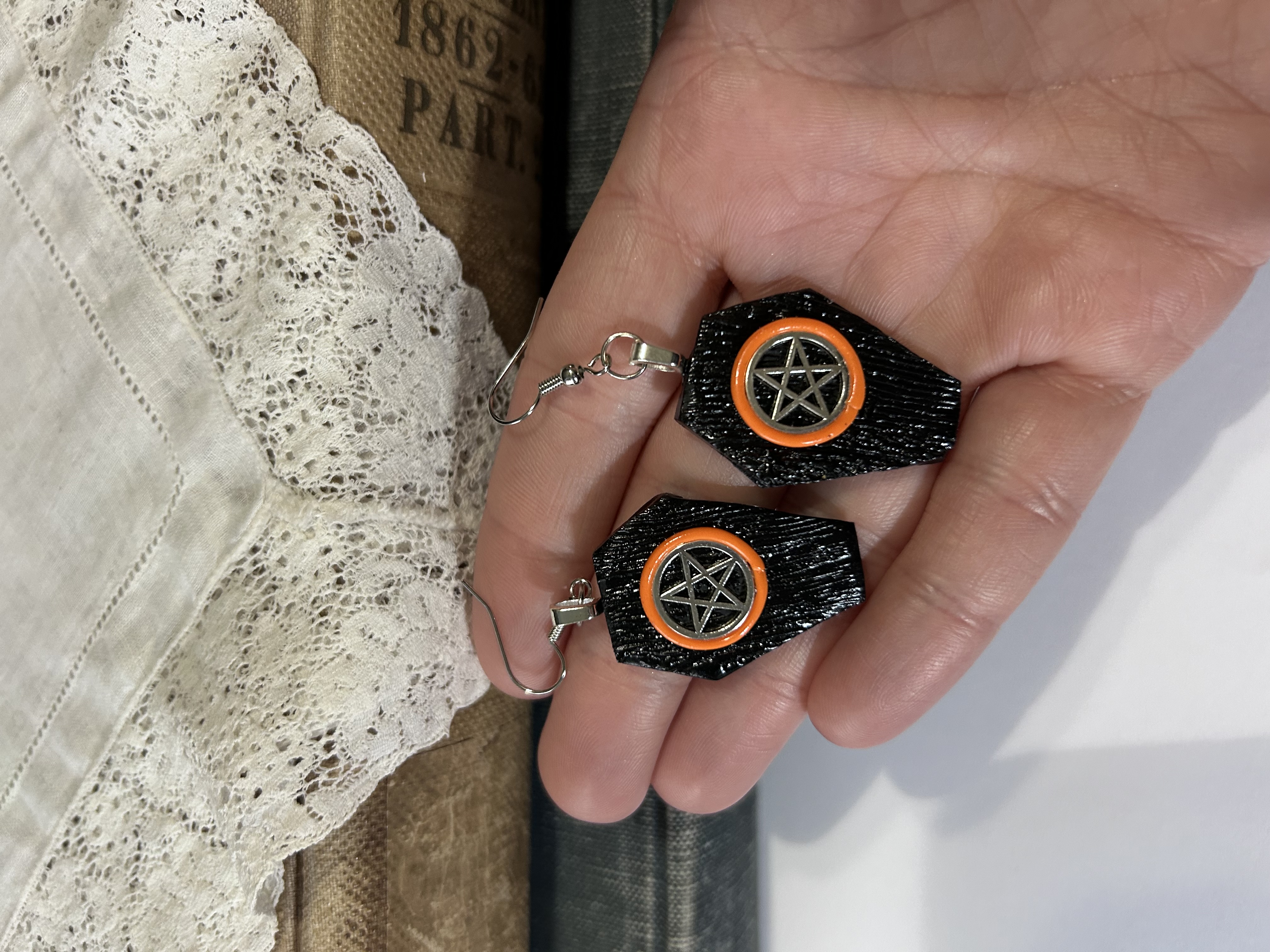 Black Coffin Pentacle Earrings- Orange
