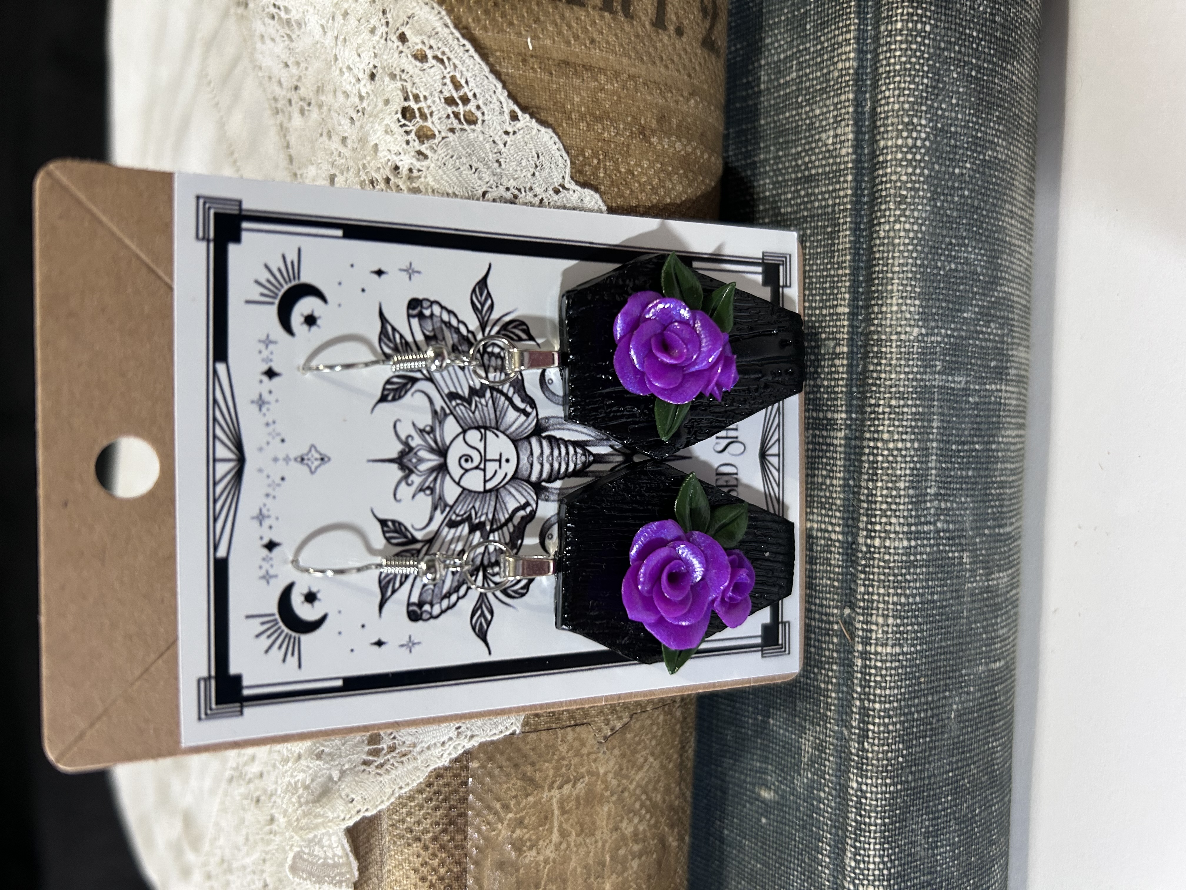 Black Coffin Earrings with Purple Roses