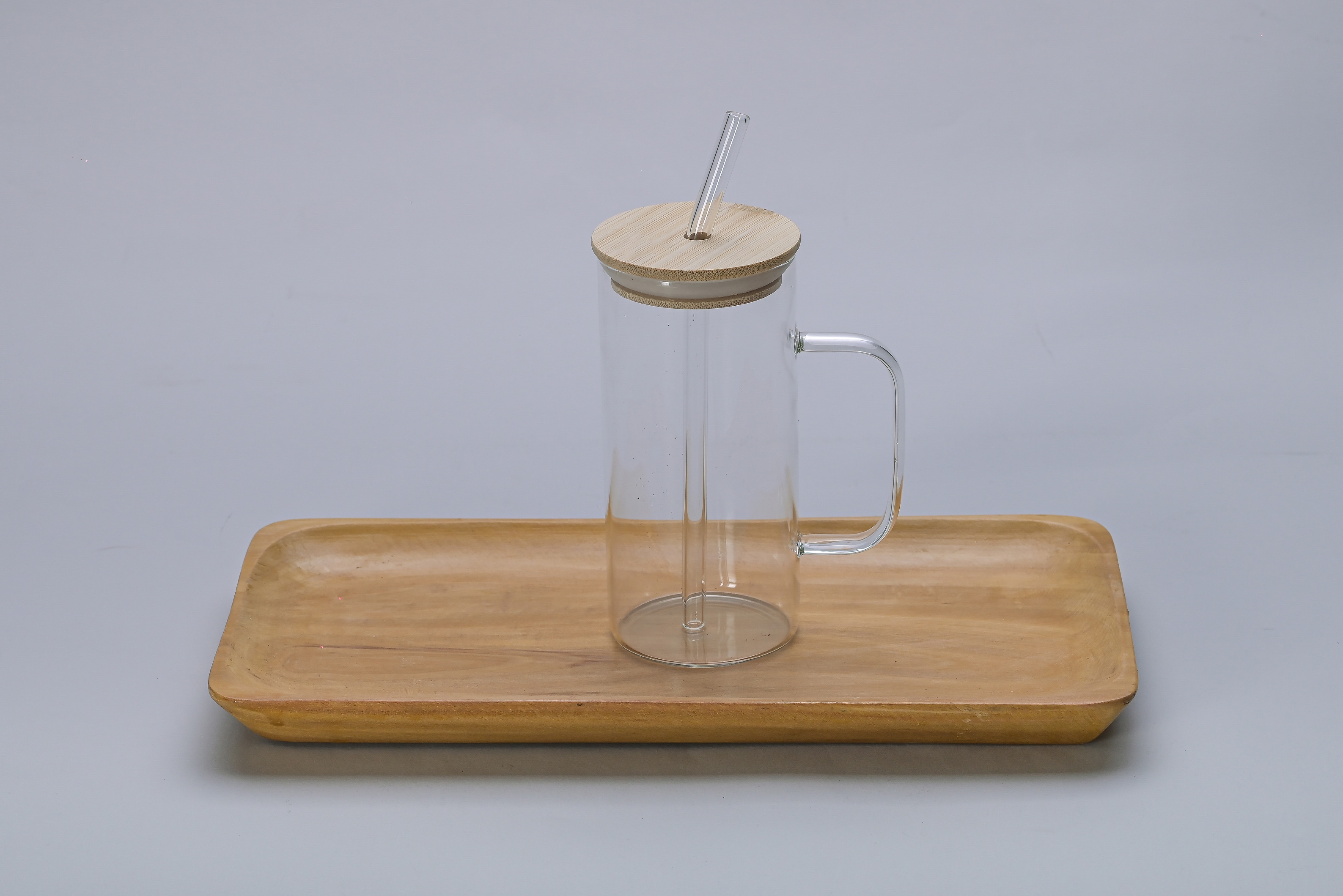 Vaso de vidrio con tapa de bambu, sorbete vidrio