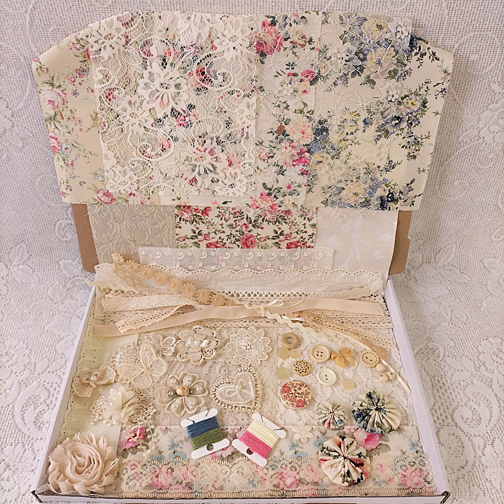 Vintage Floral and Cream Lace Slow Stitch Kit  