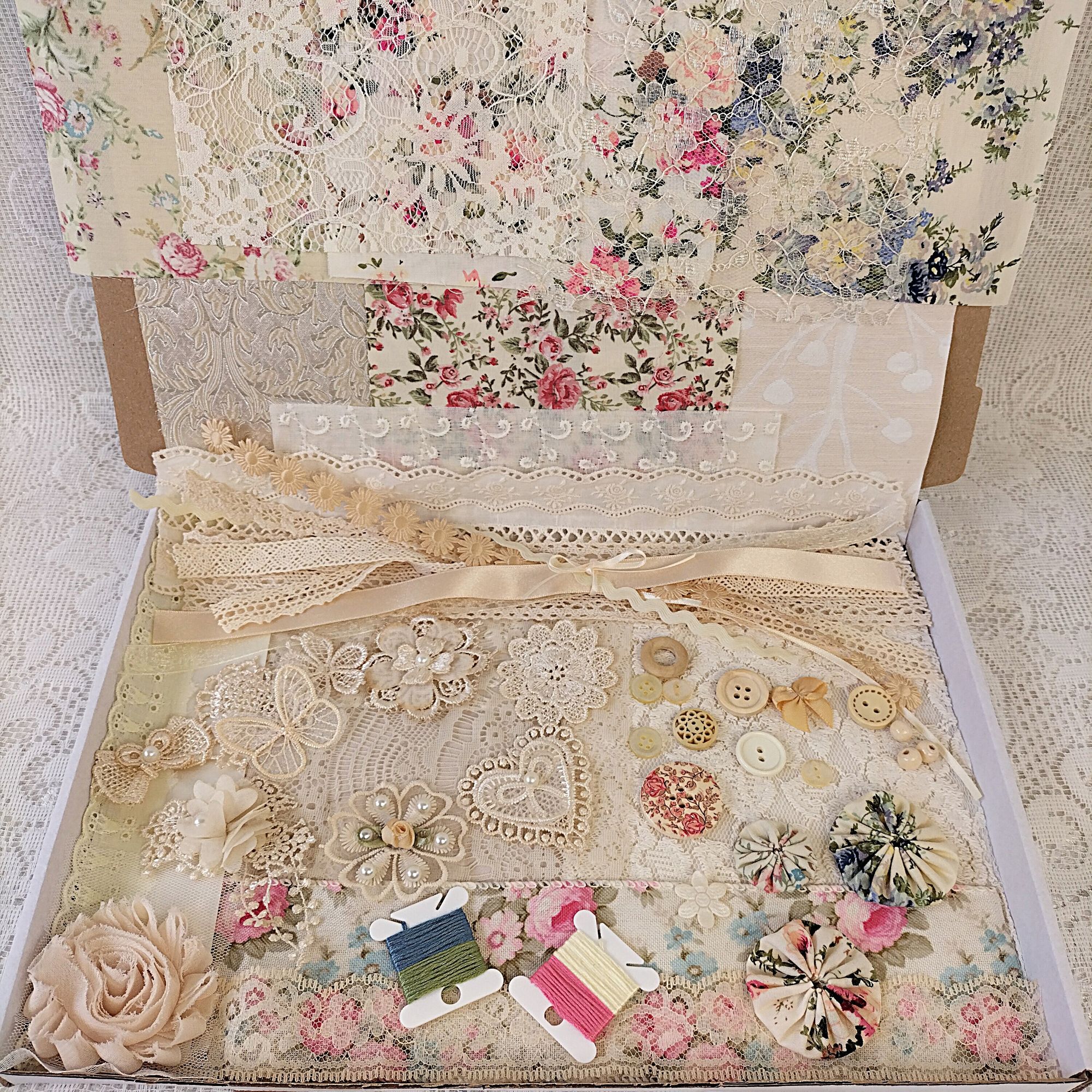 Vintage Floral and Cream Lace Slow Stitch Kit  