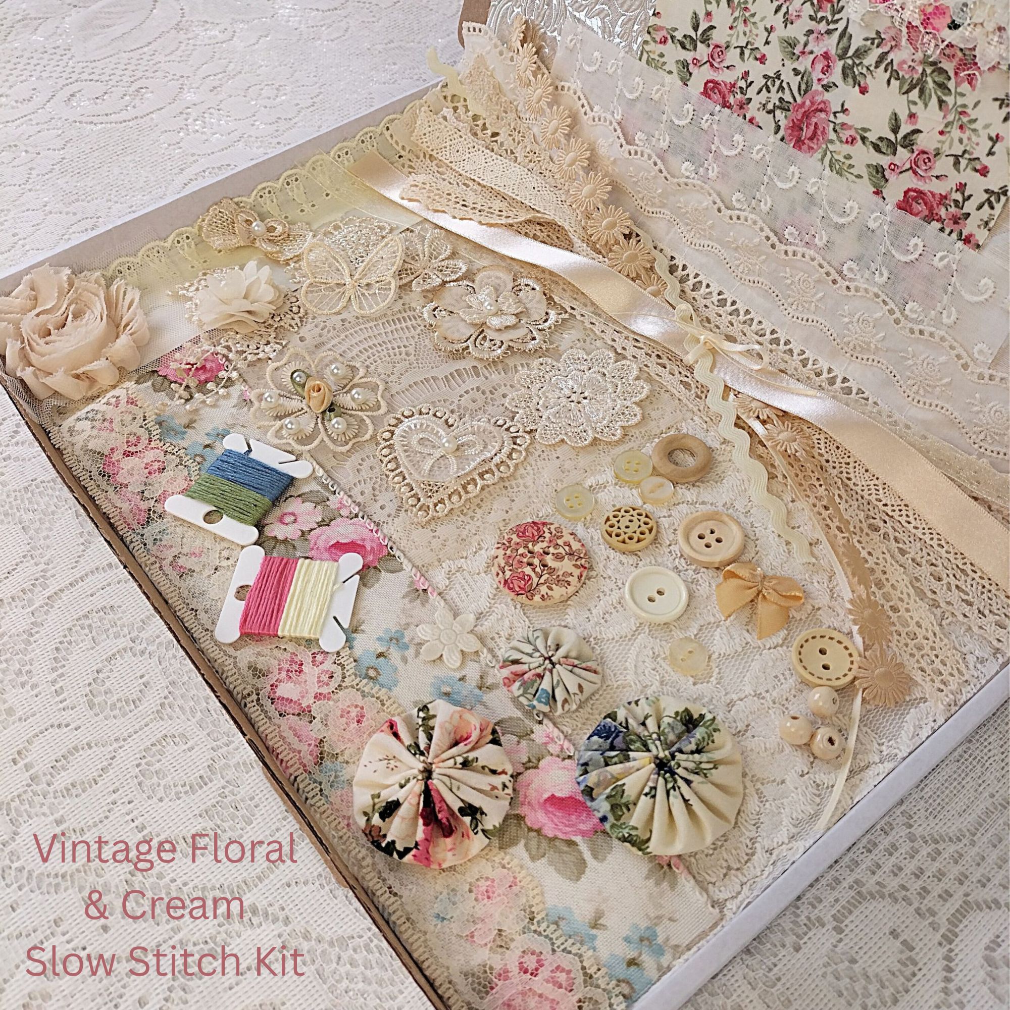 Vintage Floral and Cream Lace Slow Stitch Kit  