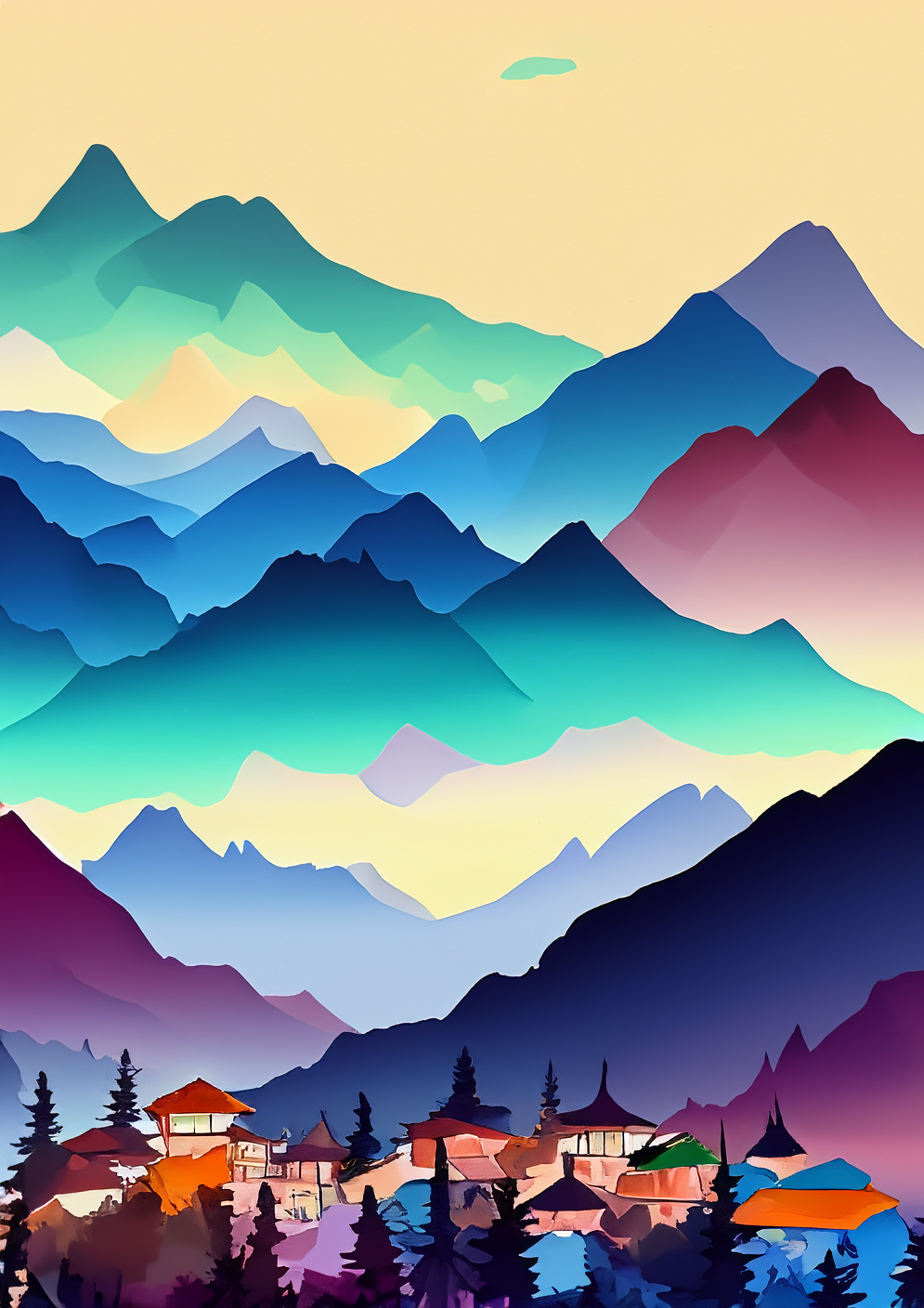 Kunstprint met bergen en een dorpje op de voorgrond