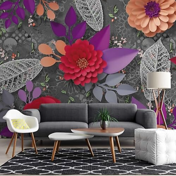 3 Boyutlu Kırmızı ve Mor Kabartma Çiçek Duvar Kağıdı Baskı Dkm-024 300 x 200