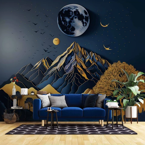 Duvar Kağıdı Baskı 3D Kabartma Görünmlü Dağ ve Ay Temalı 300x350