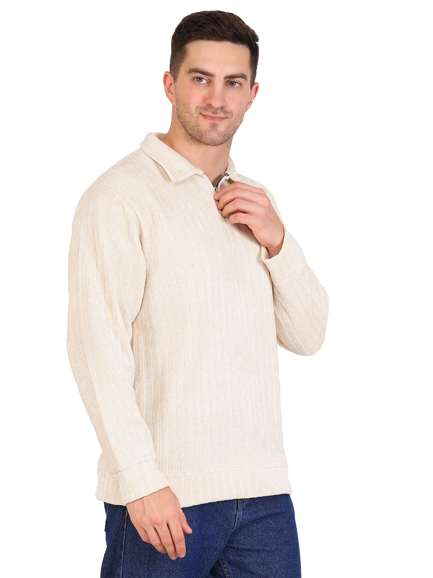 Beige Ribbed Half-Zip Sweater