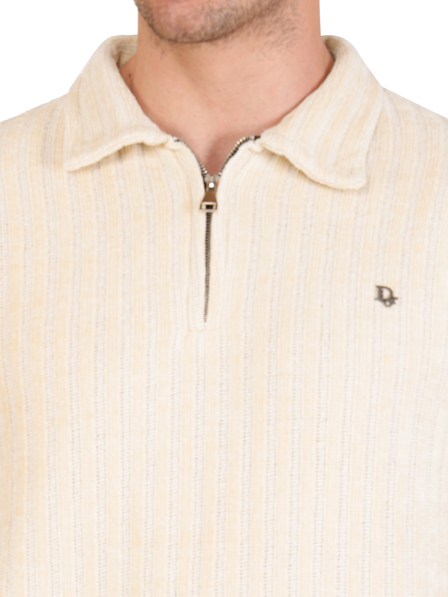 Beige Ribbed Half-Zip Sweater