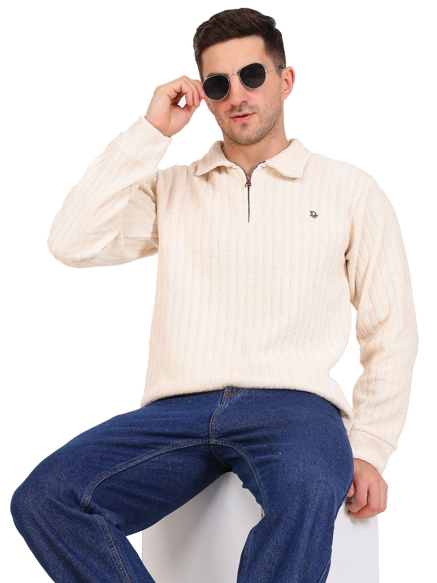 Beige Ribbed Half-Zip Sweater