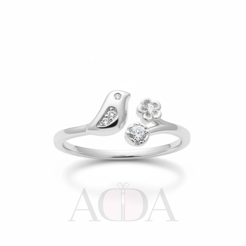 Anillo de plata con motivos de pájaro y flor