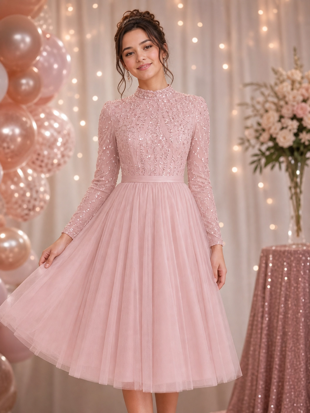 Elegant Pink Sequin Midi Dress