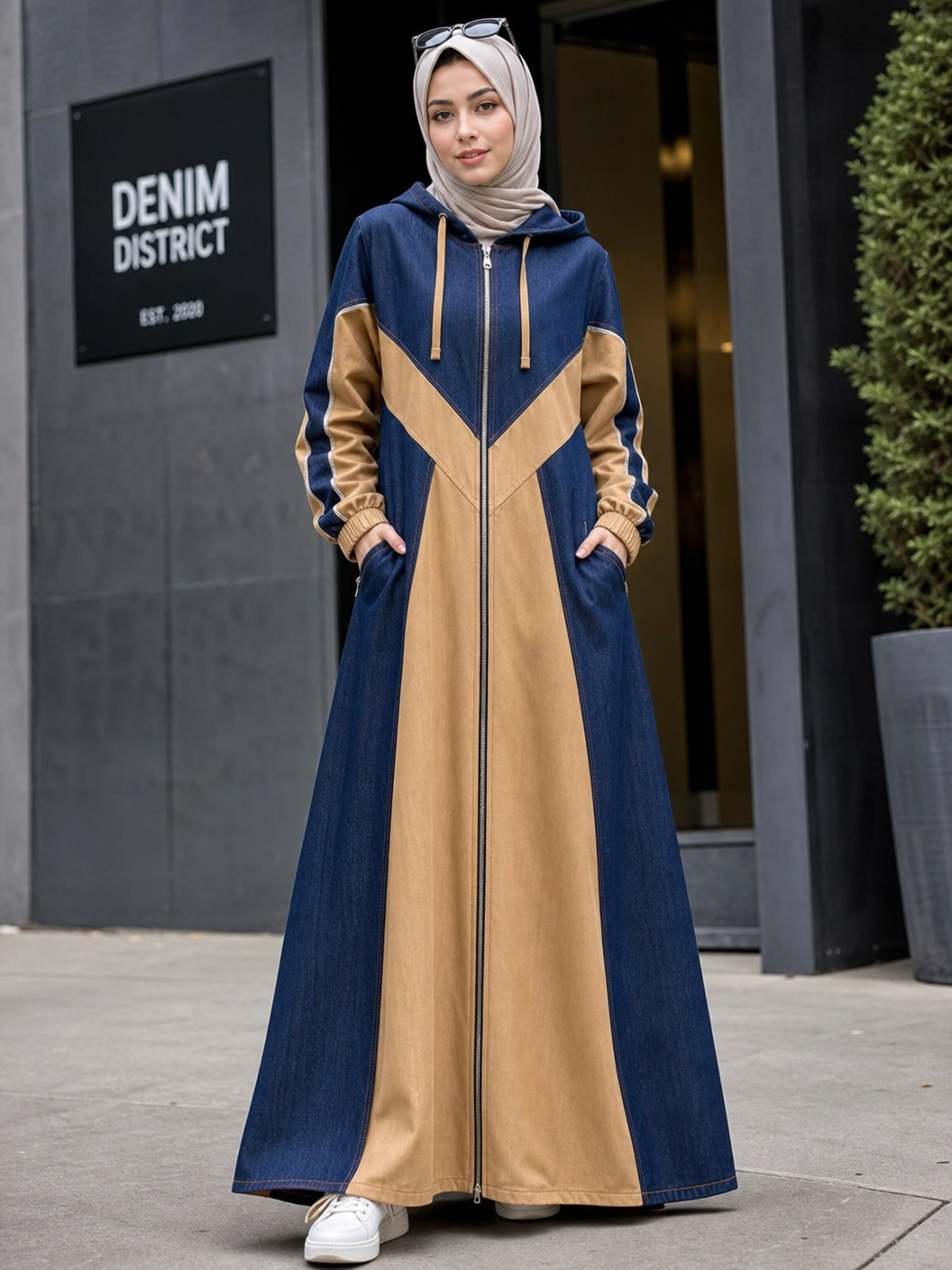 Denim & Beige Modest Hoodie Dress