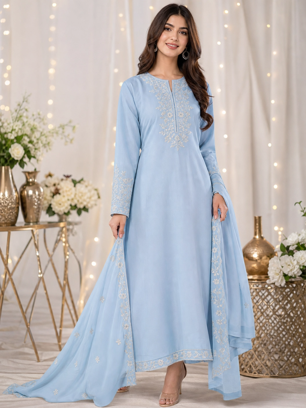Elegant Light Blue Embroidered Anarkali Dress