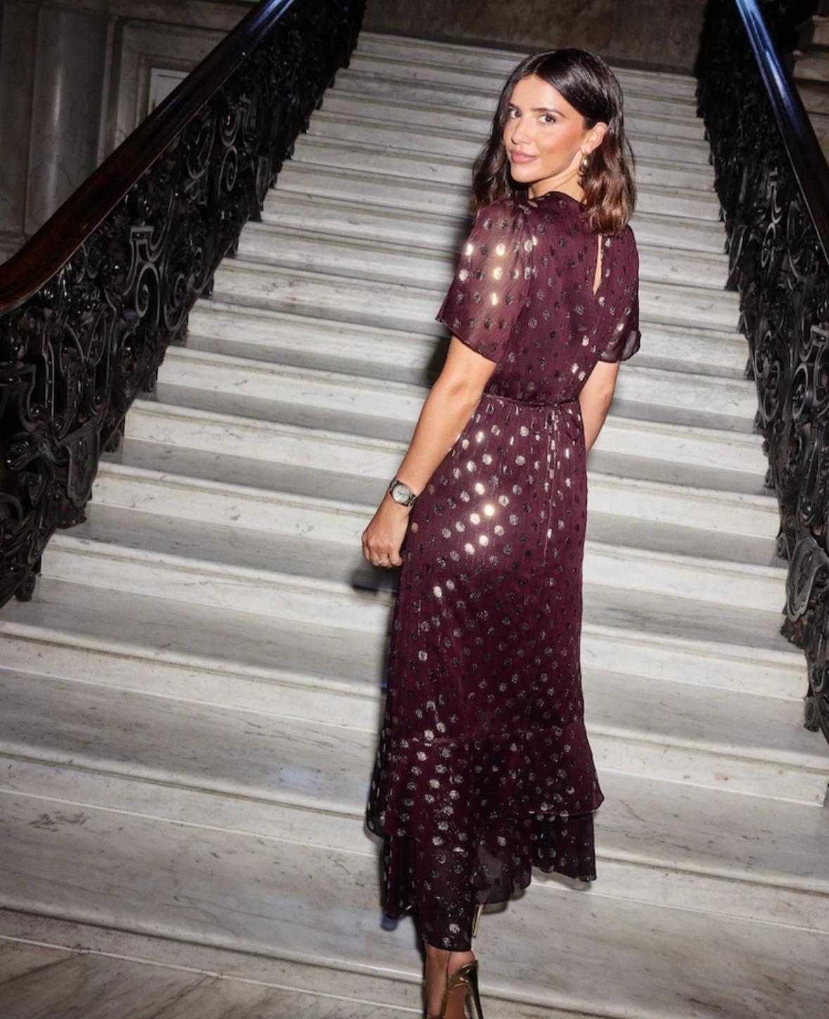 Elegant Purple Polka Dot Evening Gown