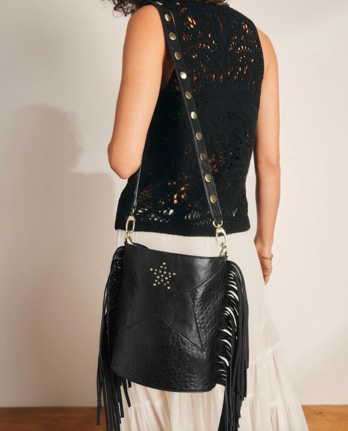 Black Leather Fringe Crossbody Bag